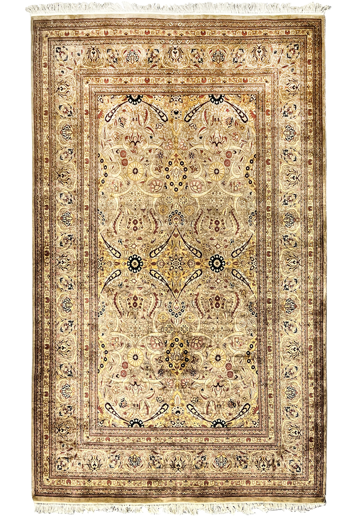 Full view of 6x10 distressed Oriental Agra wool rug with beige gold field, floral lattice design, and aged patina showing vintage character