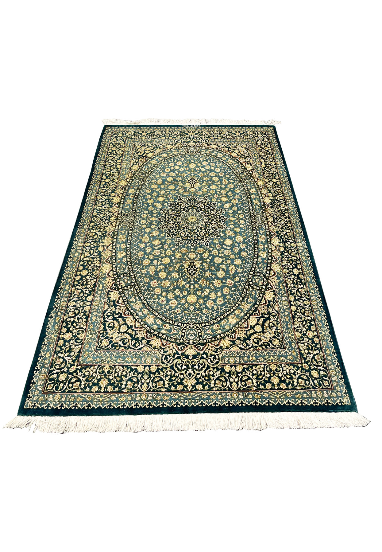 Angled laid flat view of silk Persian Qum rug highlighting sheen, medallion symmetry and dense knot precision