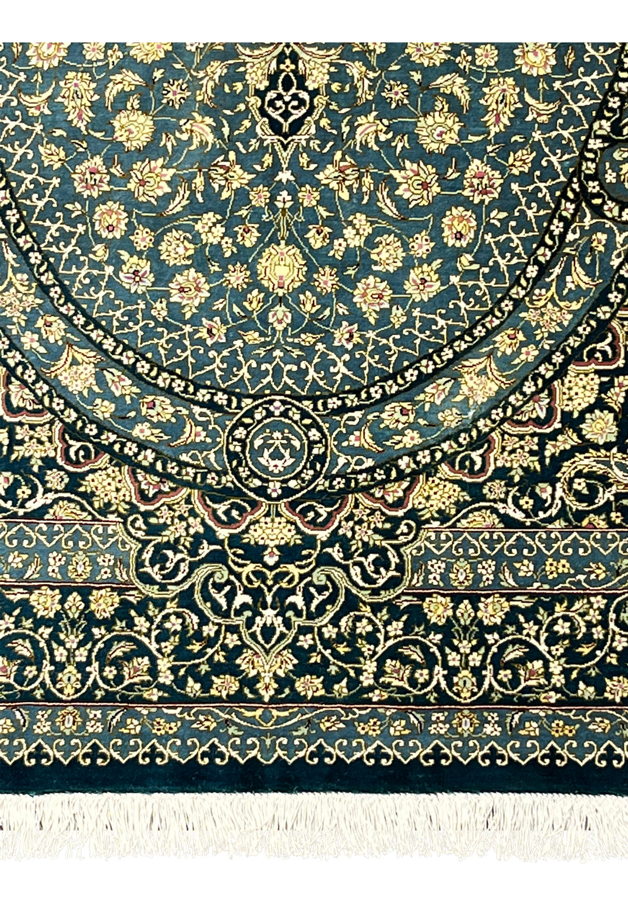 Lower border detail of silk Qum rug with cream florals, teal ground and wine red accents, sharp silk outlines