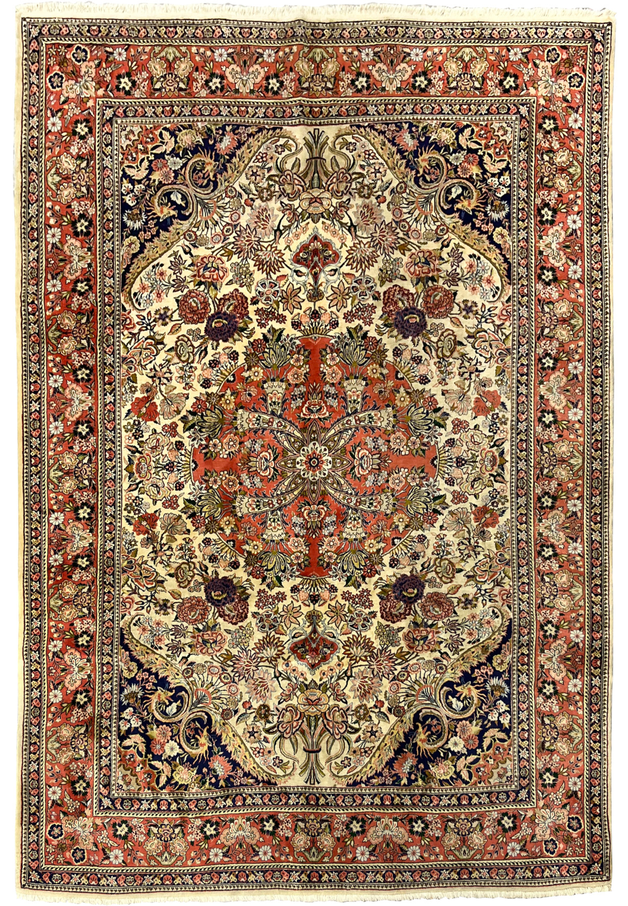 7' x 10'4 Persian Bijar rug with ivory field coral red medallion navy corner spandrels and dense floral design handmade in Persia