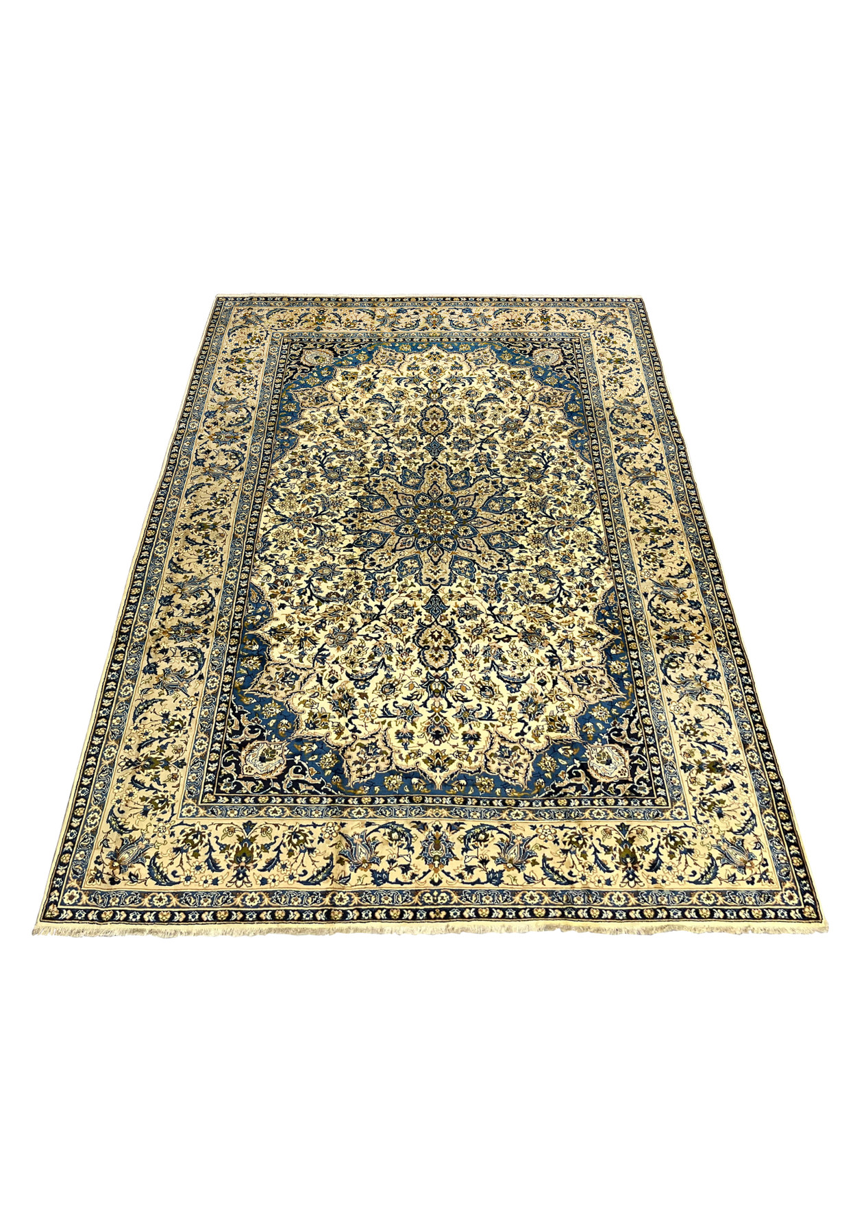 Large 10'2 x 14'3 Persian Kashan rug laid down showing ivory floral field deep navy border and symmetrical medallion design