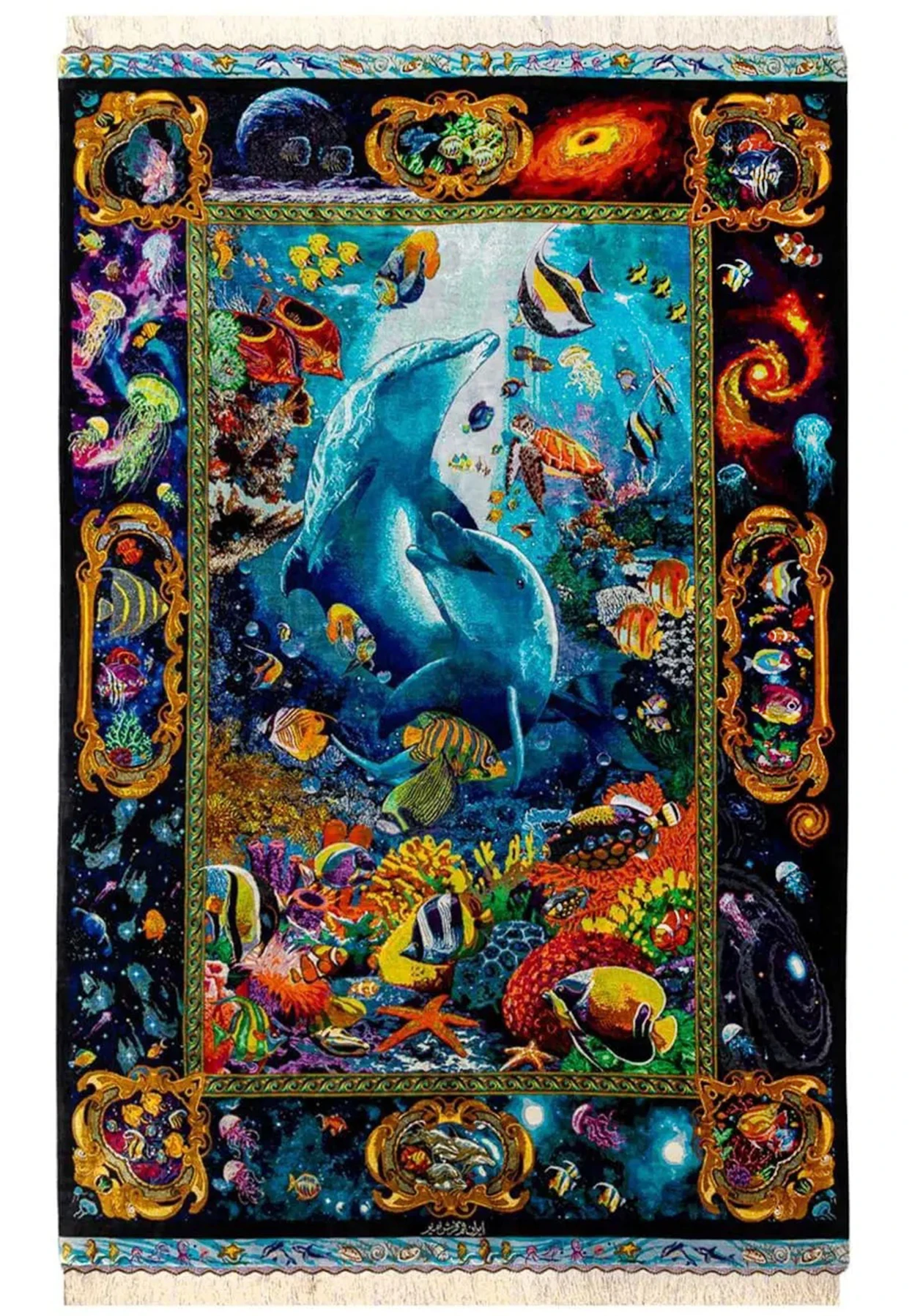 Hand knotted Persian Qum 100% silk dolphin rug with vibrant coral reef and celestial navy border full view