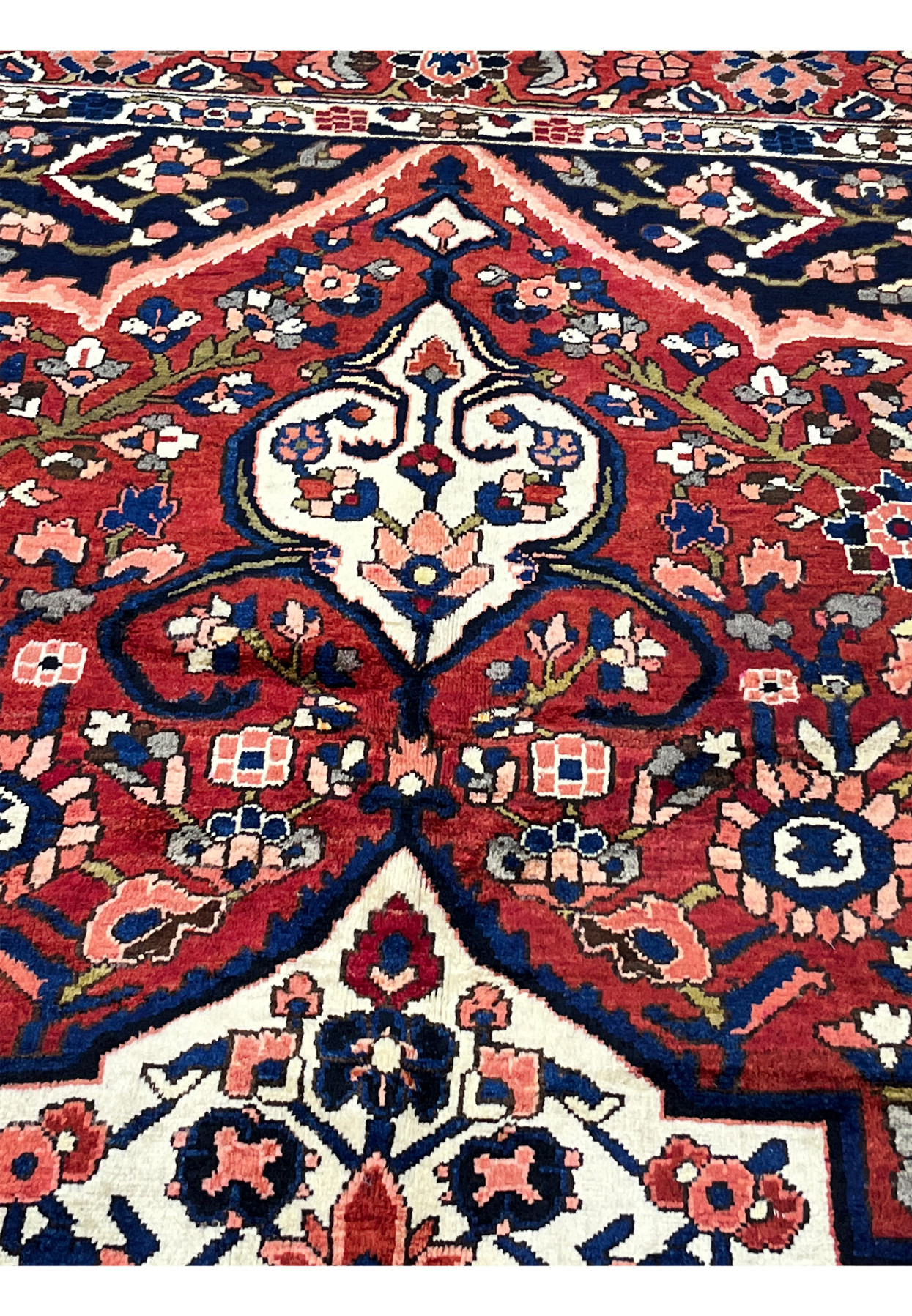 Scrolling vine and floral patterns on vintage Persian Bakhtiari rug, hand-knotted wool in red and ivory.