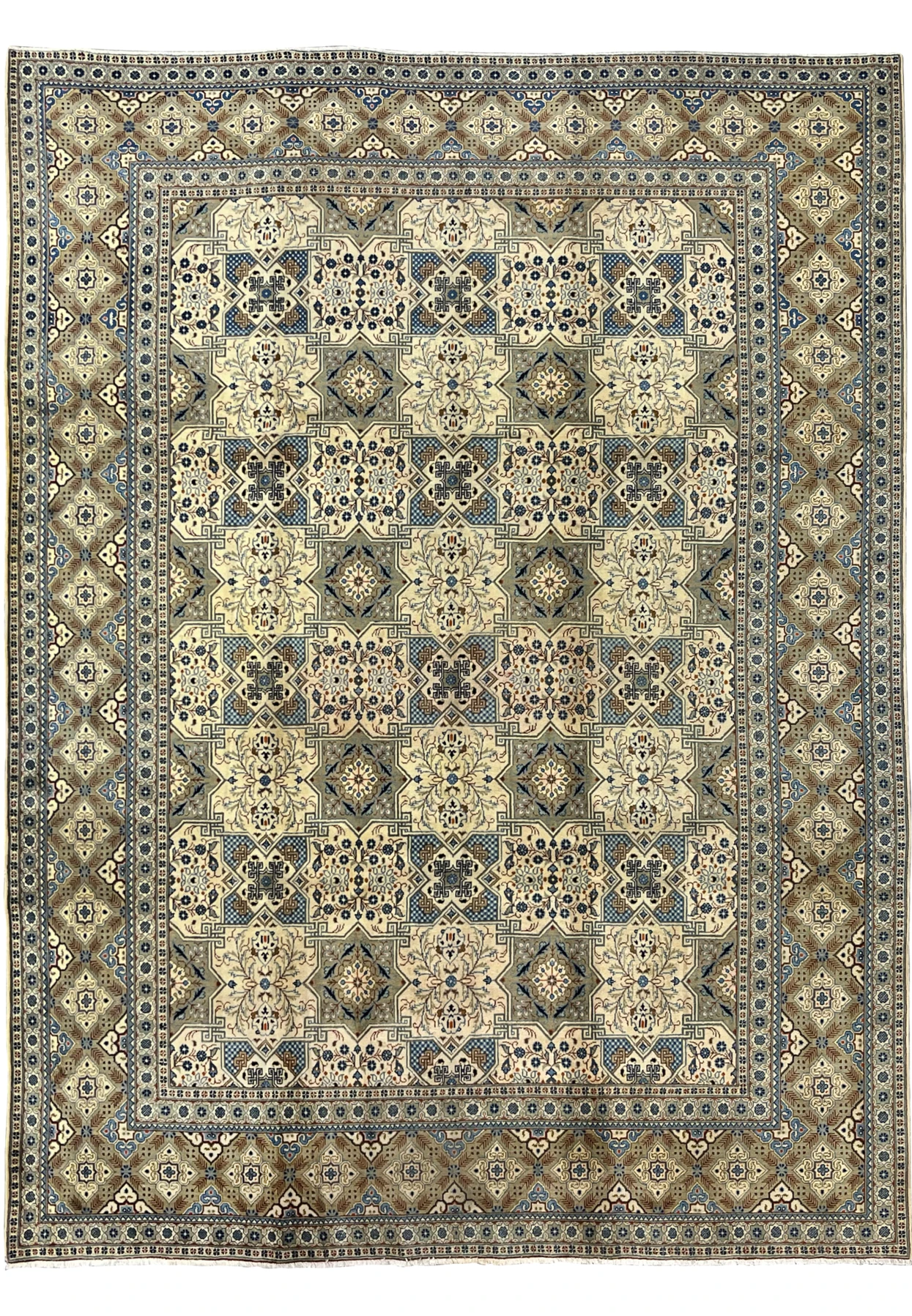 Full flat-lay view of a hand-knotted Persian Tabriz rug measuring 9’8 x 13 feet, displaying a Kheshti panel design with eight-pointed star medallions in ivory, cerulean blue, navy, and sage green, surrounded by a multi-layered diamond border in taupe and brown.