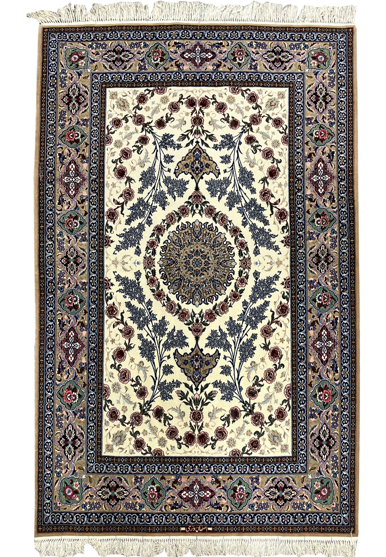 5x8 Persian Isfahan wool silk rug ivory field blue floral medallion signed Darri handmade Persia