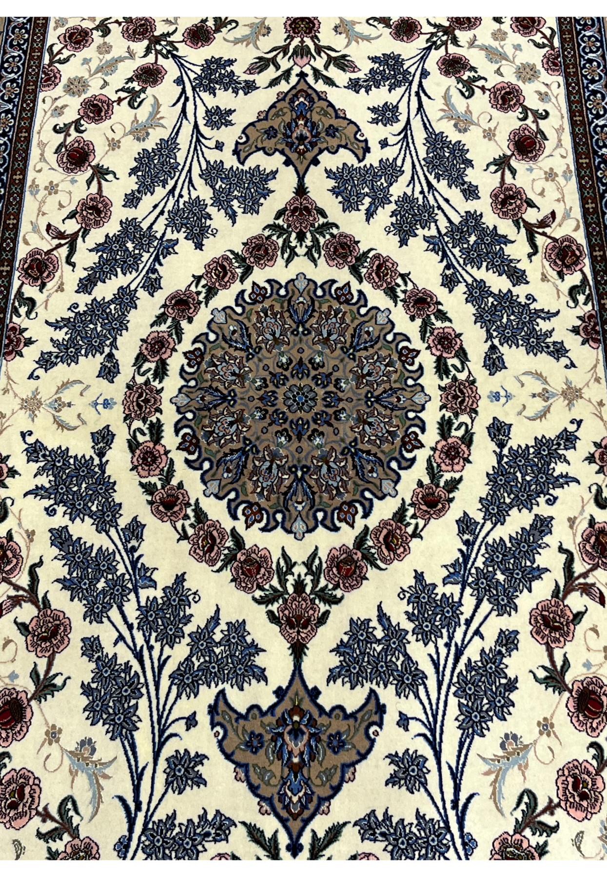 Central medallion Persian Isfahan wool silk rug taupe golden brown blue floral arabesques pink peonies ivory field