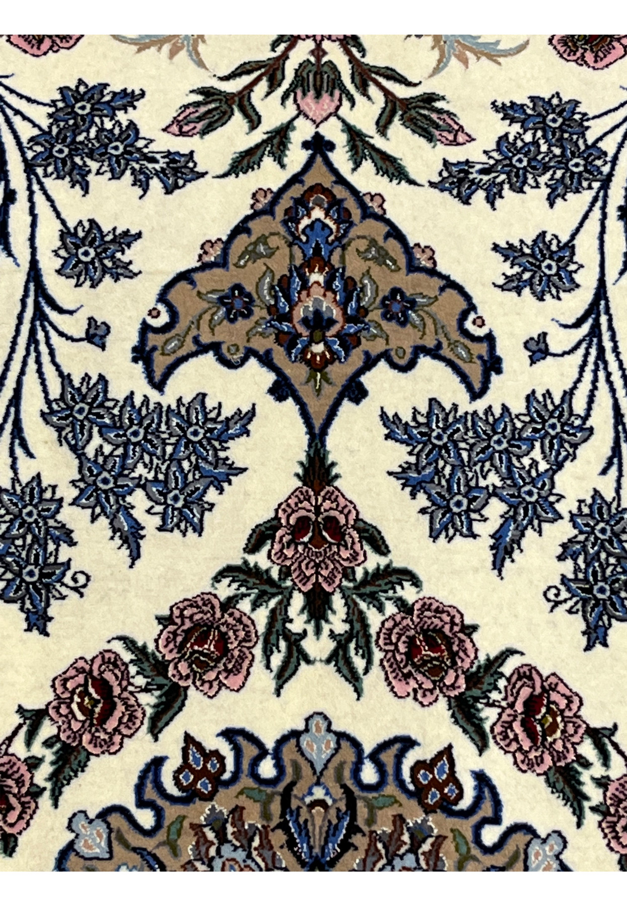 Pattern and motif detail Persian Isfahan wool silk rug blue floral pendants pink roses taupe medallion ivory field