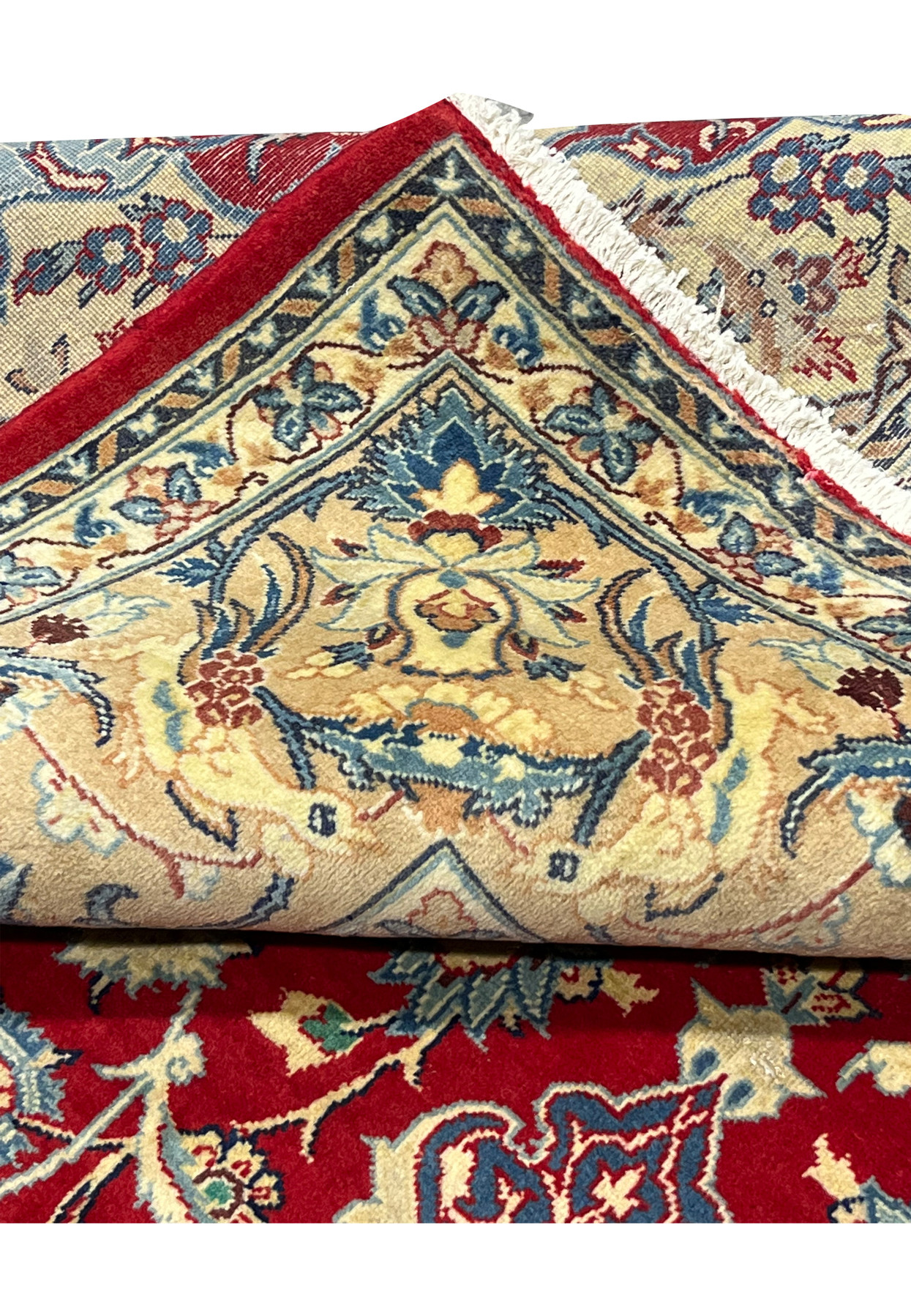 Folded edge detail 10x13 Persian Isfahan wool rug ivory border corner floral design hand knotted construction