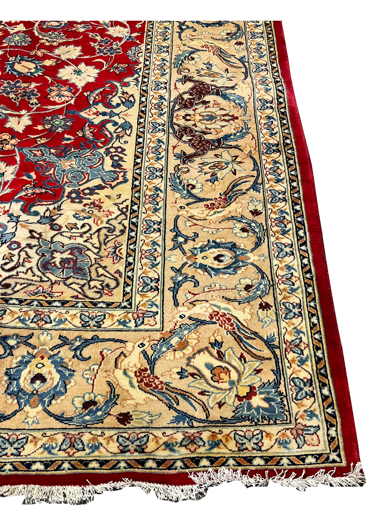 Angled border detail 10x13 Persian Isfahan wool rug ivory ground brown deer bird motifs blue arabesques crimson field