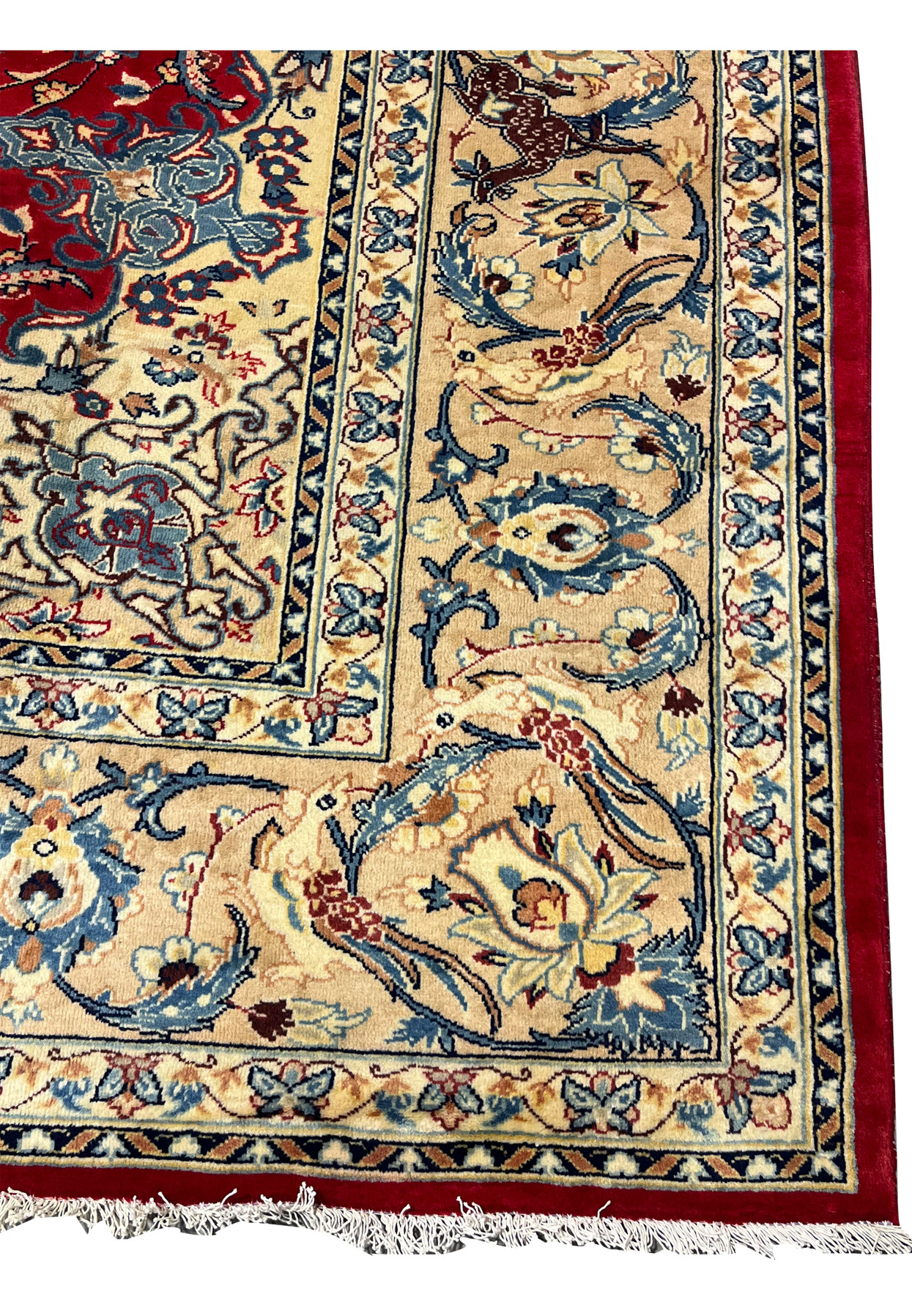Border detail 10x13 Persian Isfahan wool rug ivory ground deer animal motifs blue floral scrollwork handmade Persia