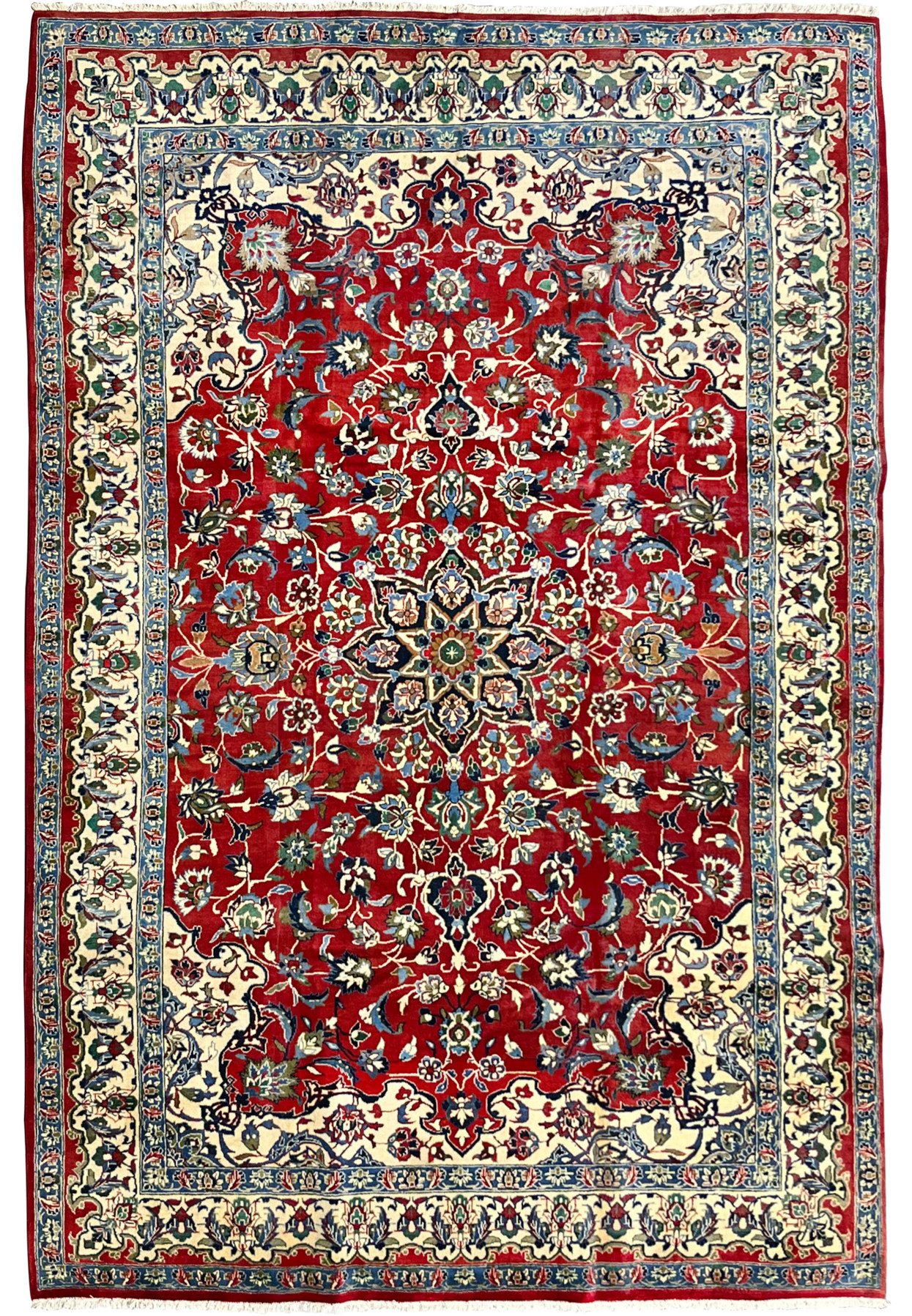 8x12 handmade Persian Isfahan wool rug crimson red field ivory border floral medallion red and ivory handmade Persia