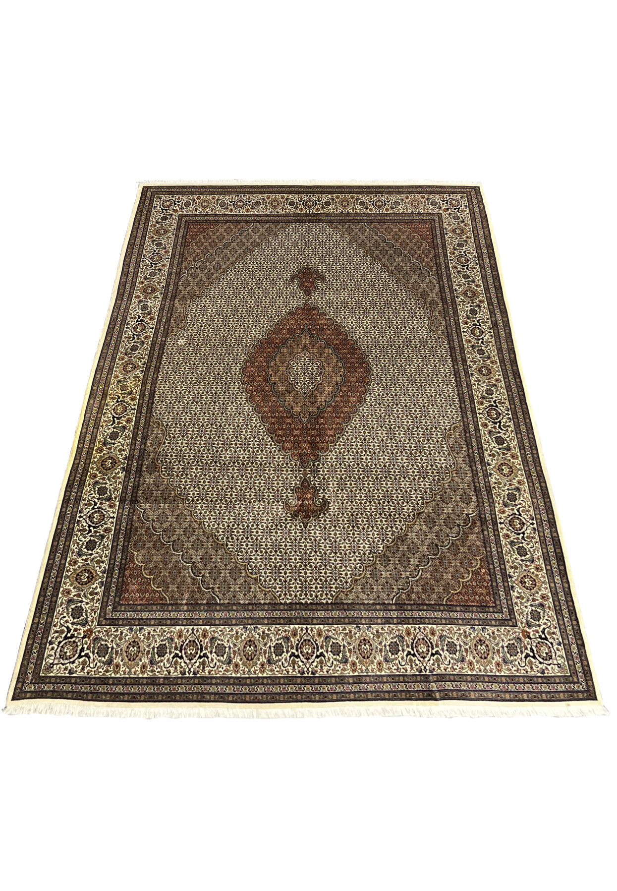 Laid down 7x11 Persian Tabriz Mahi wool silk rug 50 Raj fish pattern ivory ground scalloped medallion brown field