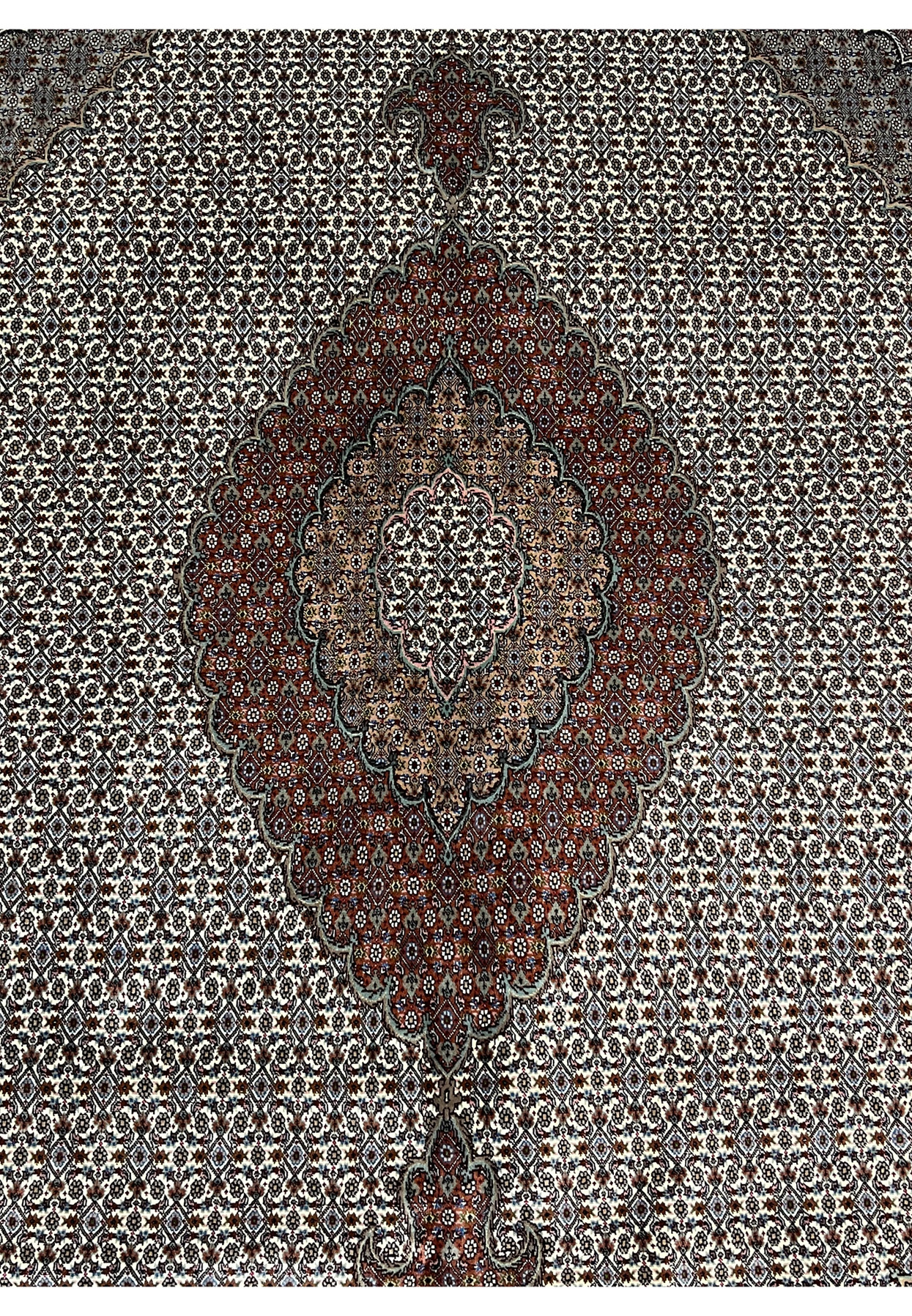 Midfield detail Persian Tabriz Mahi 50 Raj wool silk rug ivory herati fish pattern brown burgundy scalloped medallion