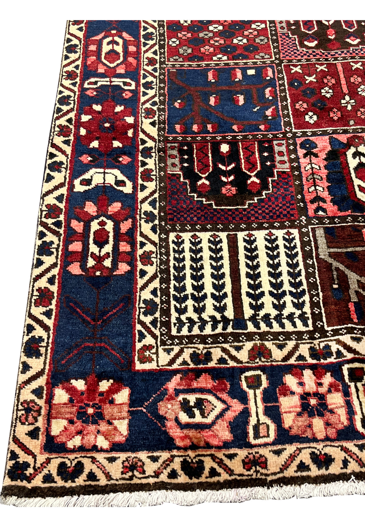 Navy main border with rosette and vine motifs on 7x10 Persian Bakhtiari panel rug