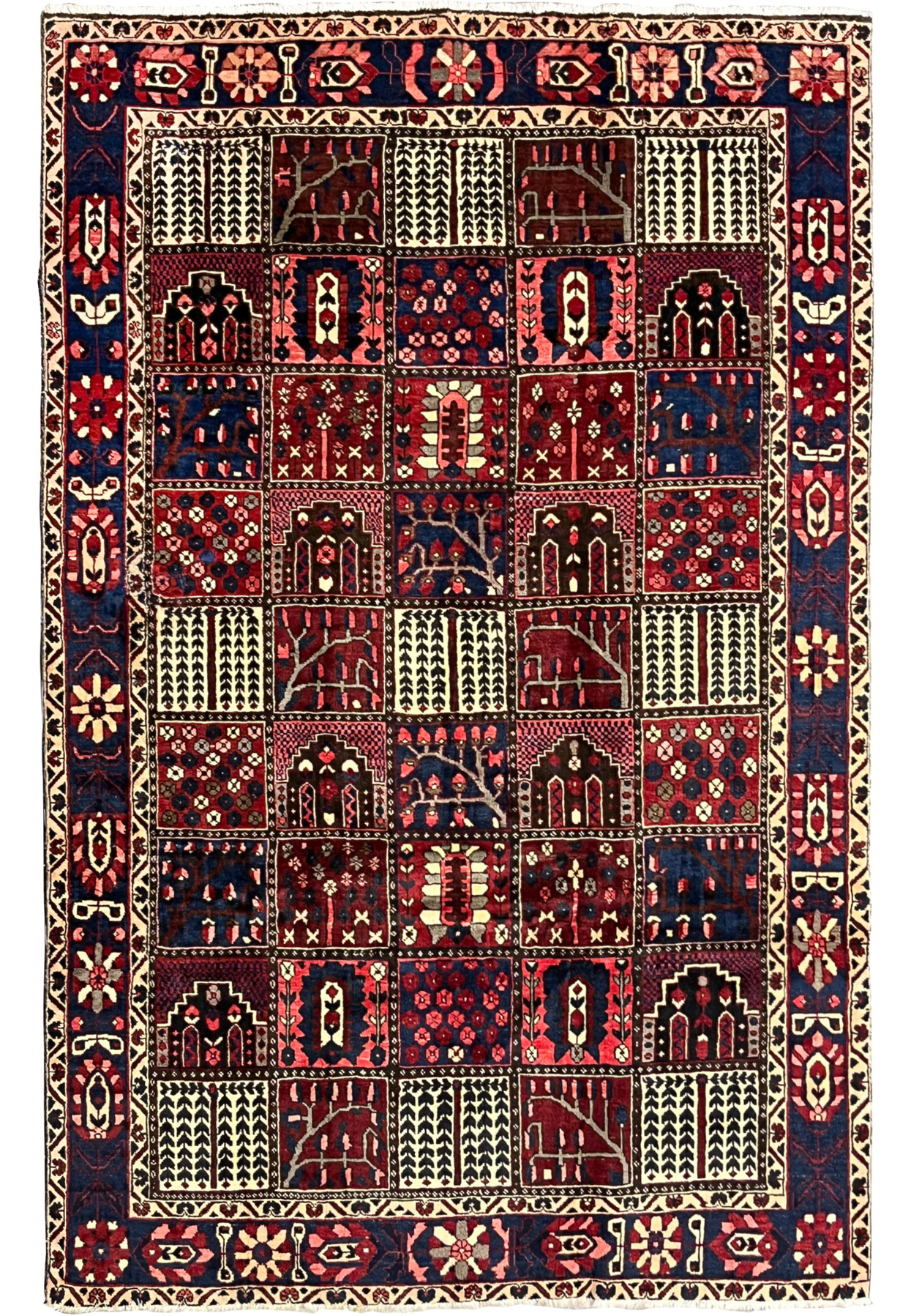 Hand-knotted 7x10 Persian Bakhtiari wool rug with red and navy panel design, full view