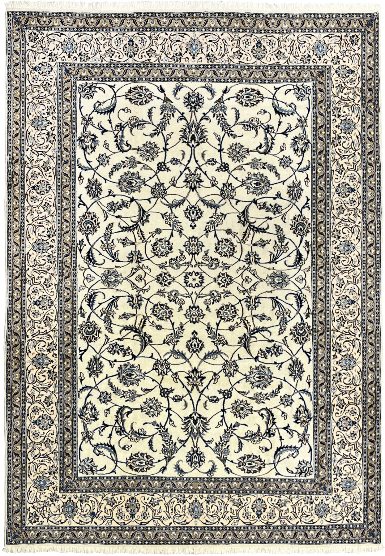 Hand-knotted 8x11 Persian Nain 9La wool and silk rug with ivory and navy allover floral design, full view