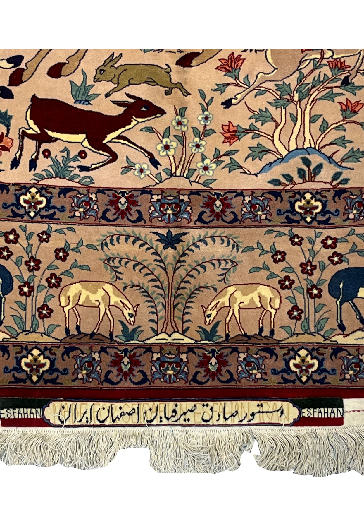Close-up of Seirafian Isfahan master weaver signature on fine 5x8 Persian wool silk rug