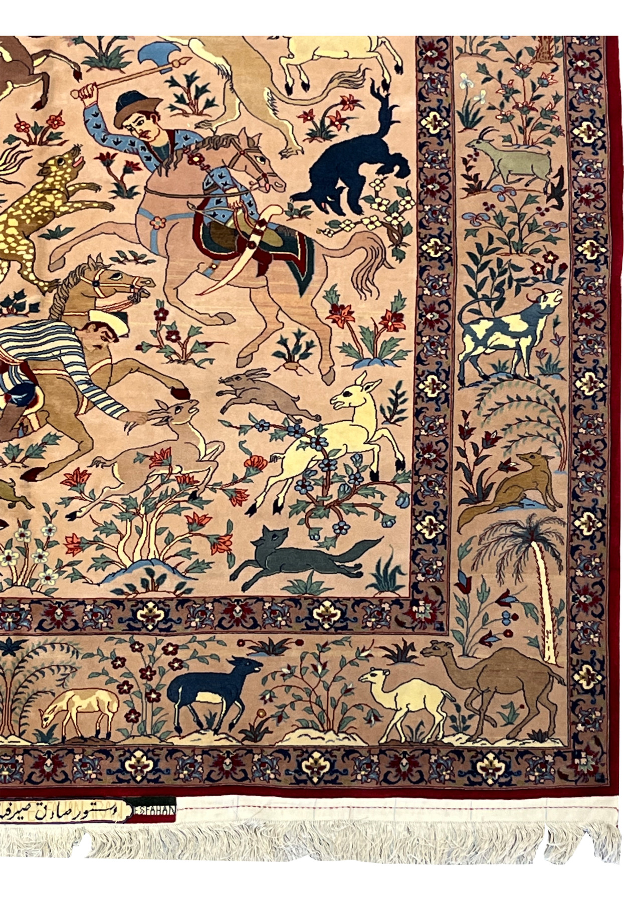 Side border of 5x8 Persian Isfahan Seirafian rug with animal figures, palm trees and flowers
