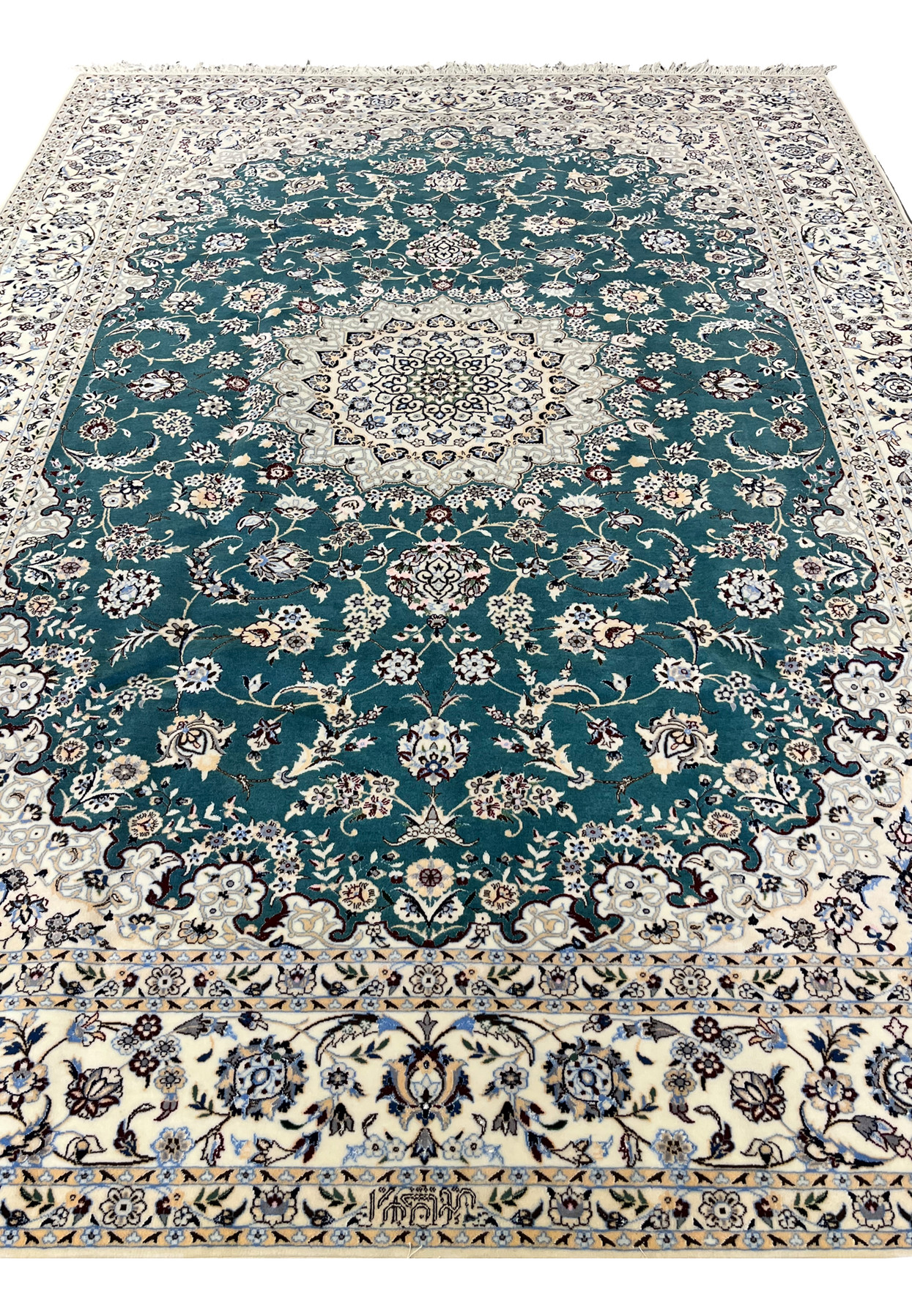 Teal field floral vine detail of 7x10 Persian Nain 6La Habibian wool and silk rug