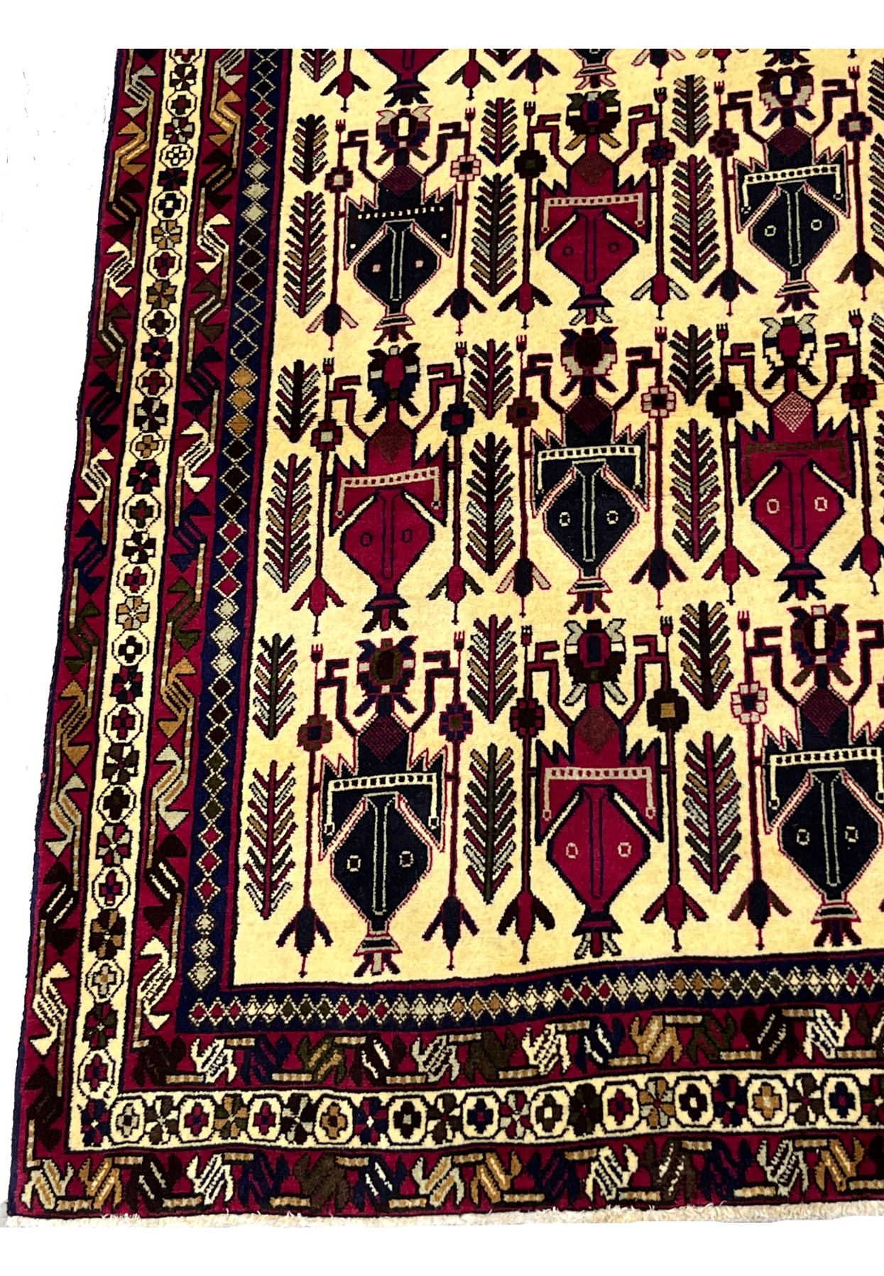 Burgundy and navy border detail of 5x8 Persian Afshar tribal rug with geometric motifs