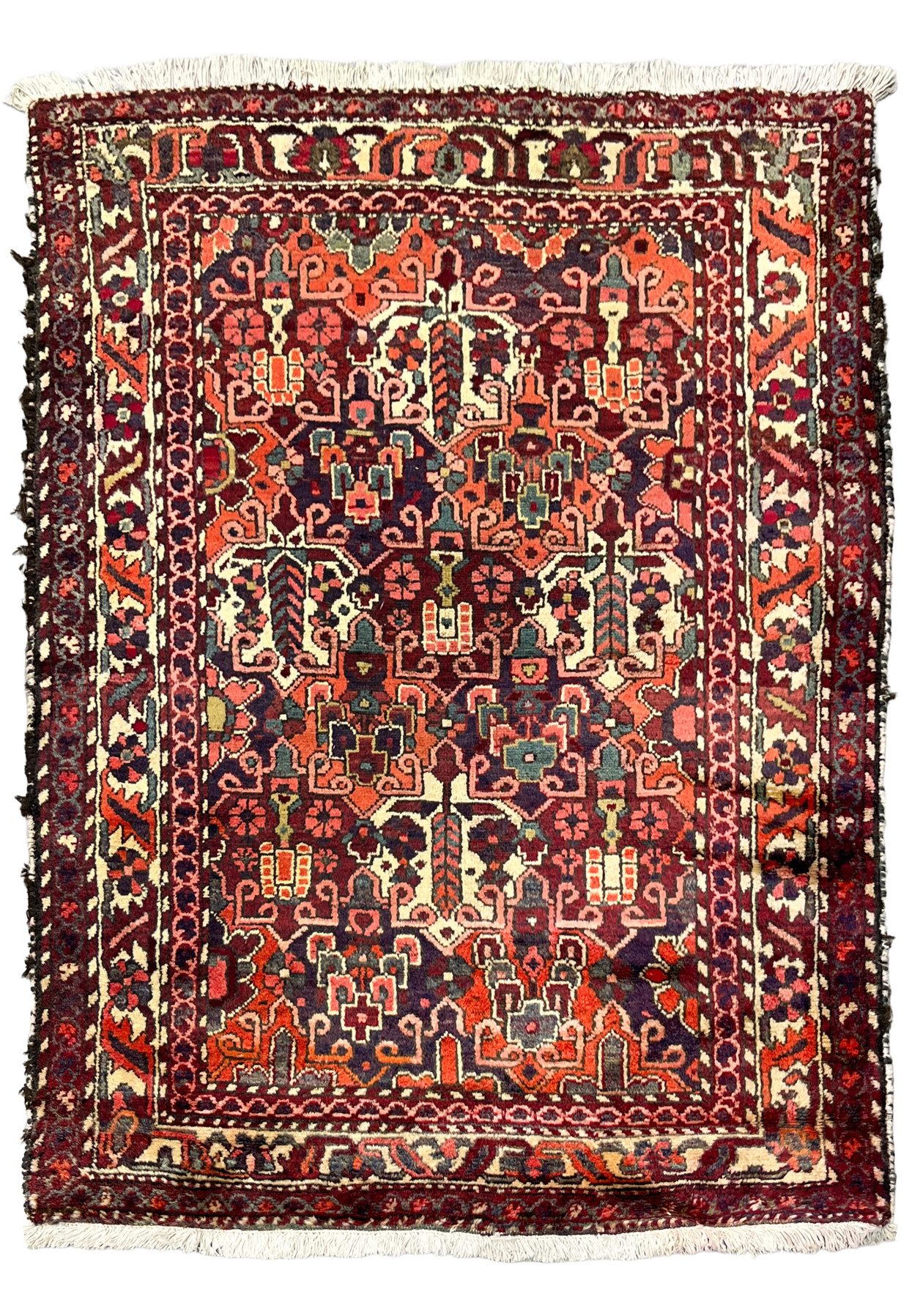 Antique 3'7"x5 Persian Bakhtiari rug, allover floral design in navy, orange and ivory, full view