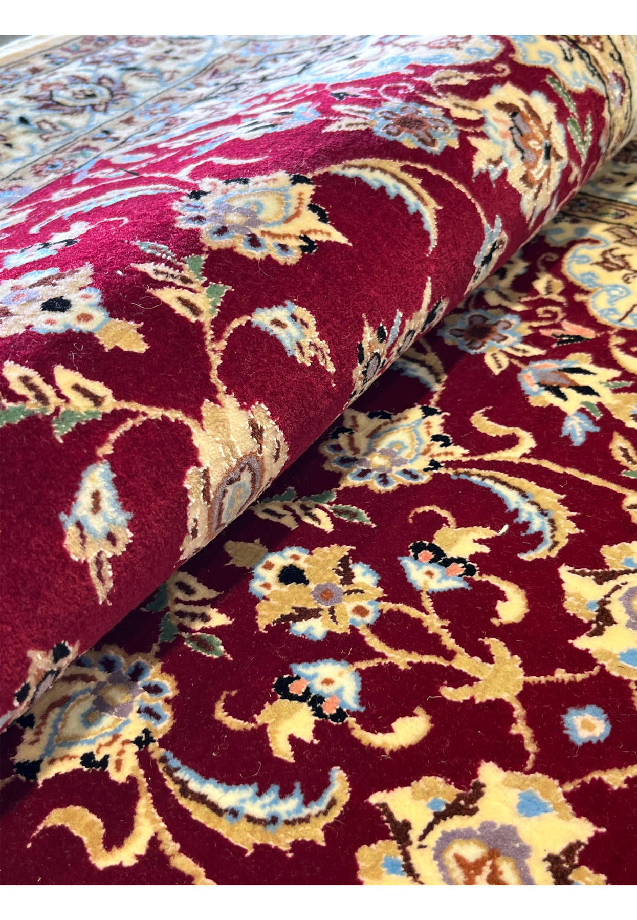 2'9x17 Persian Nain 6La Habibian runner wool silk crimson ivory pile depth rolled view
