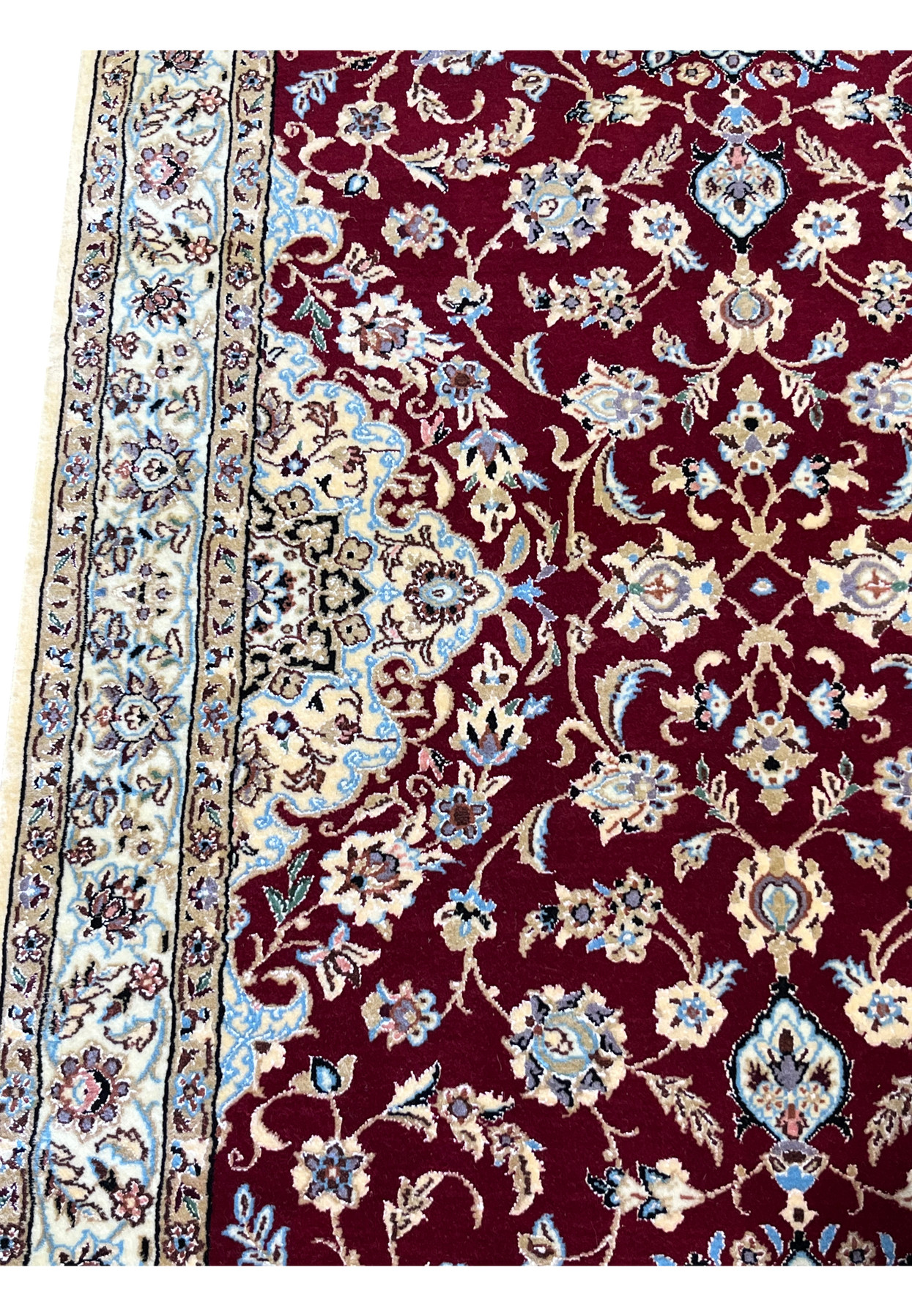 2'9x17 Persian Nain 6La Habibian runner wool silk crimson ivory scrolling vine side border detail