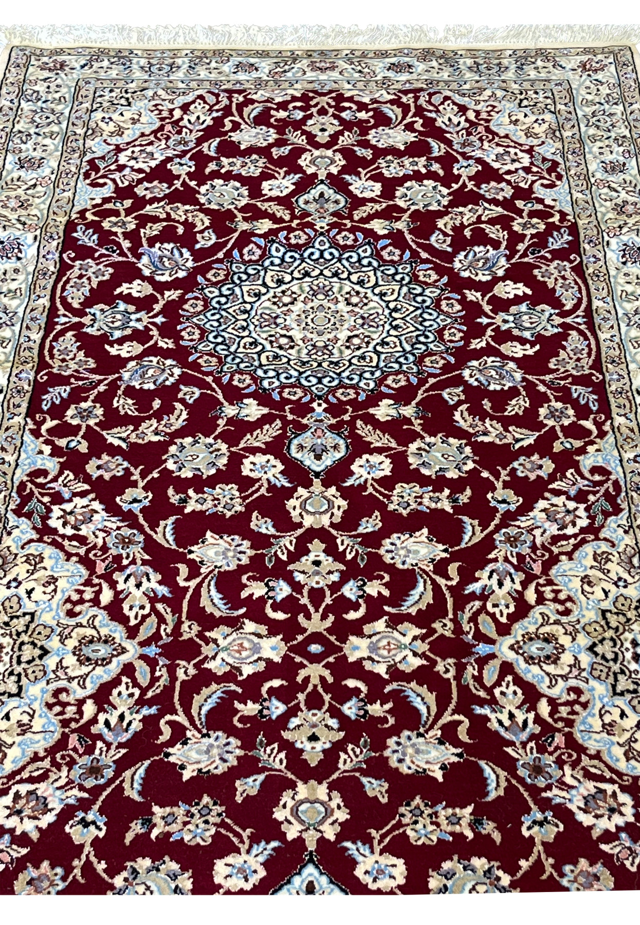 2'9x17 Persian Nain 6La Habibian runner wool silk crimson ivory medallion upper section view