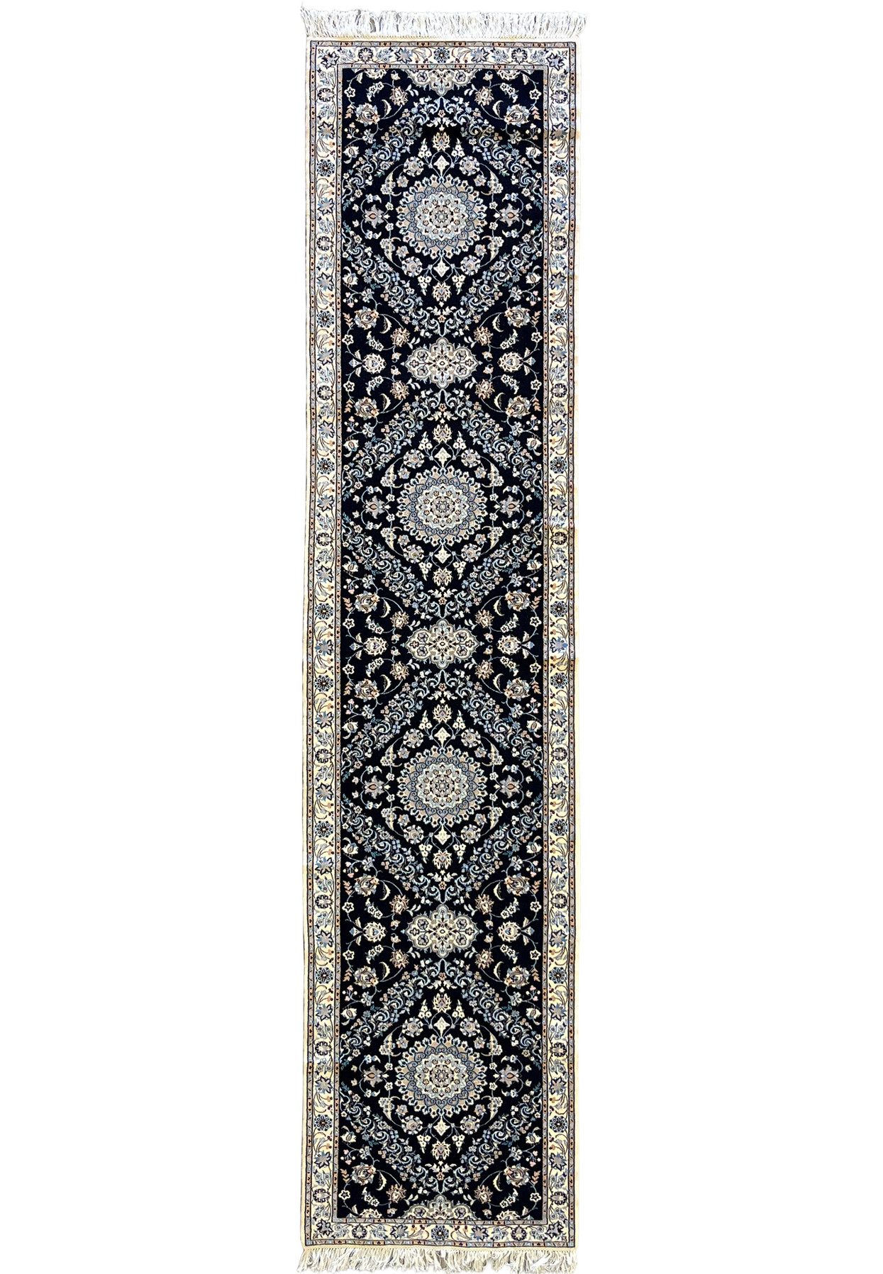 2'9x13 Persian Nain 6La navy blue ivory wool silk multi-medallion runner full view