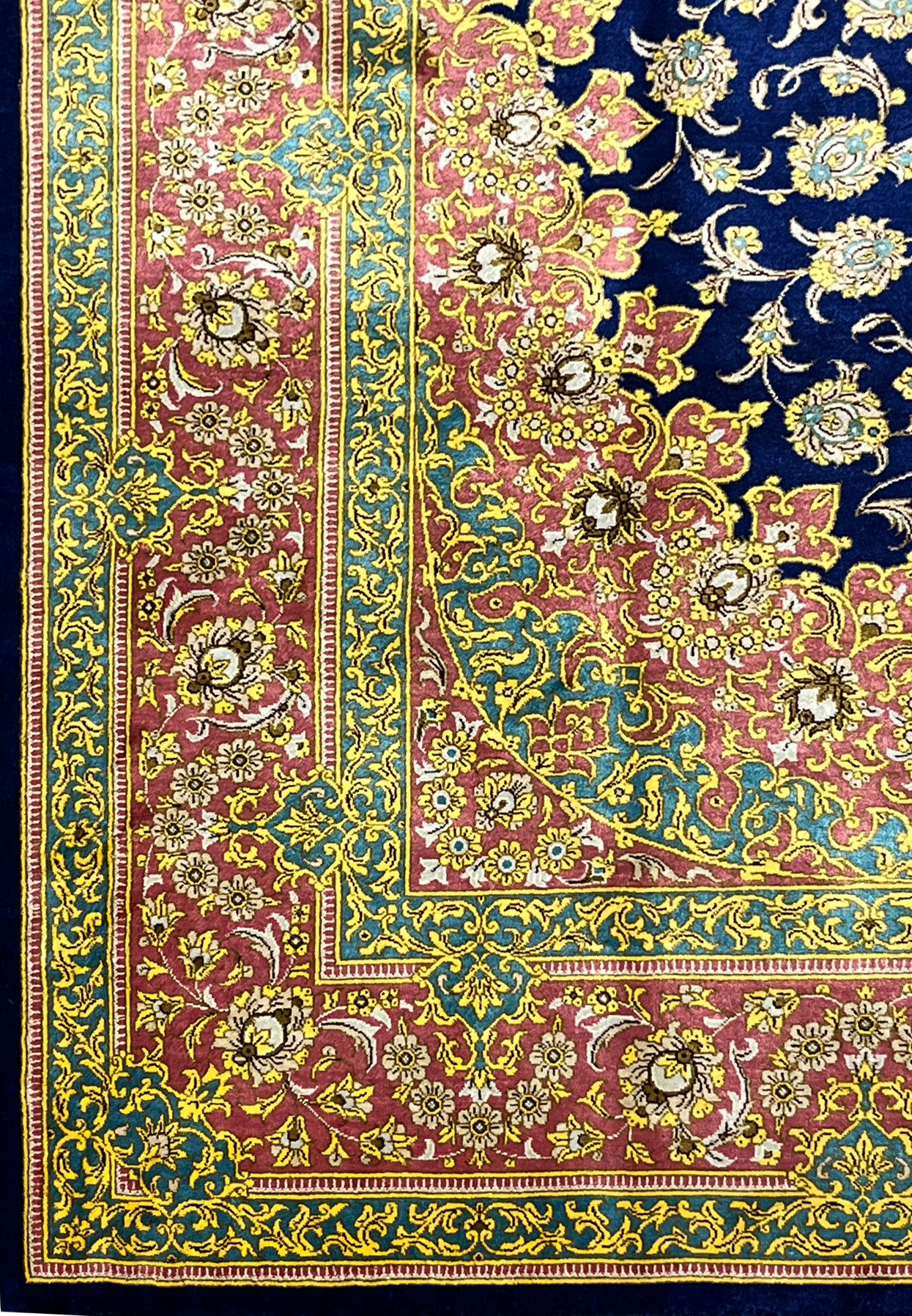 4x6 Persian Qum pure silk rug Kabiri navy rose teal gold floral upper field border detail view