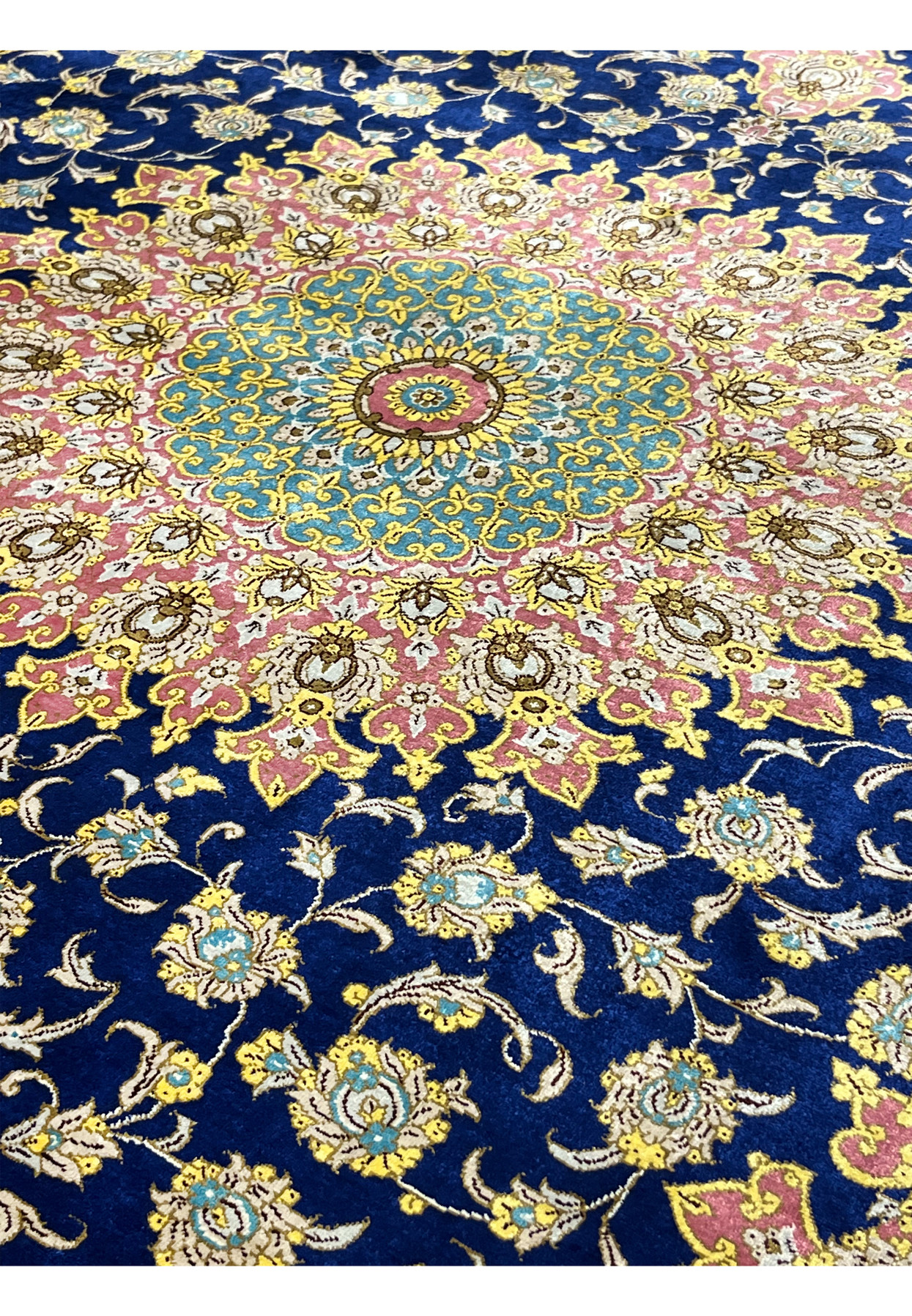 4x6 Persian Qum pure silk rug Kabiri navy rose teal gold floral upper field border detail view