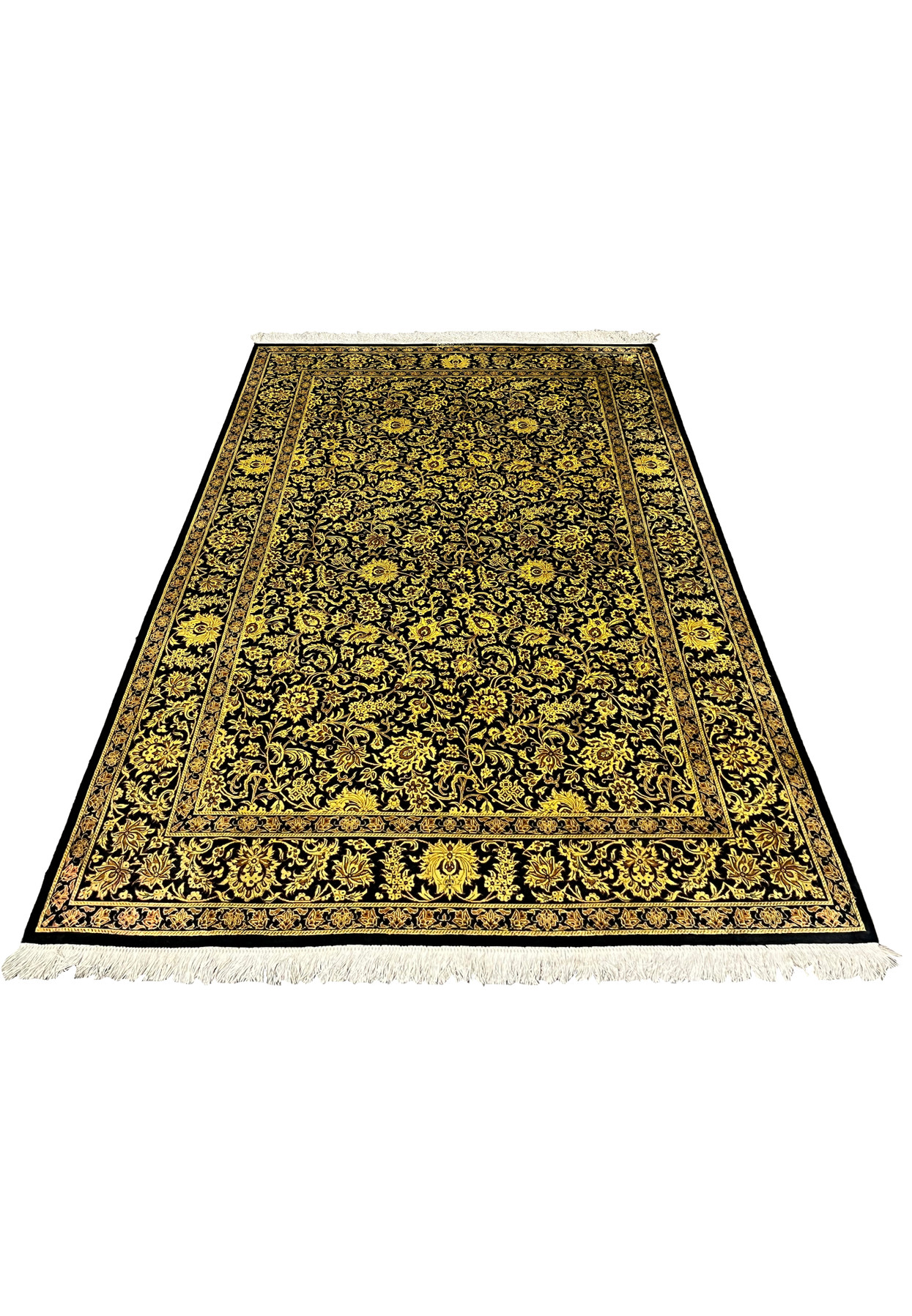 4x6 Persian Qum pure silk rug black gold Versace all-over floral arabesque full view