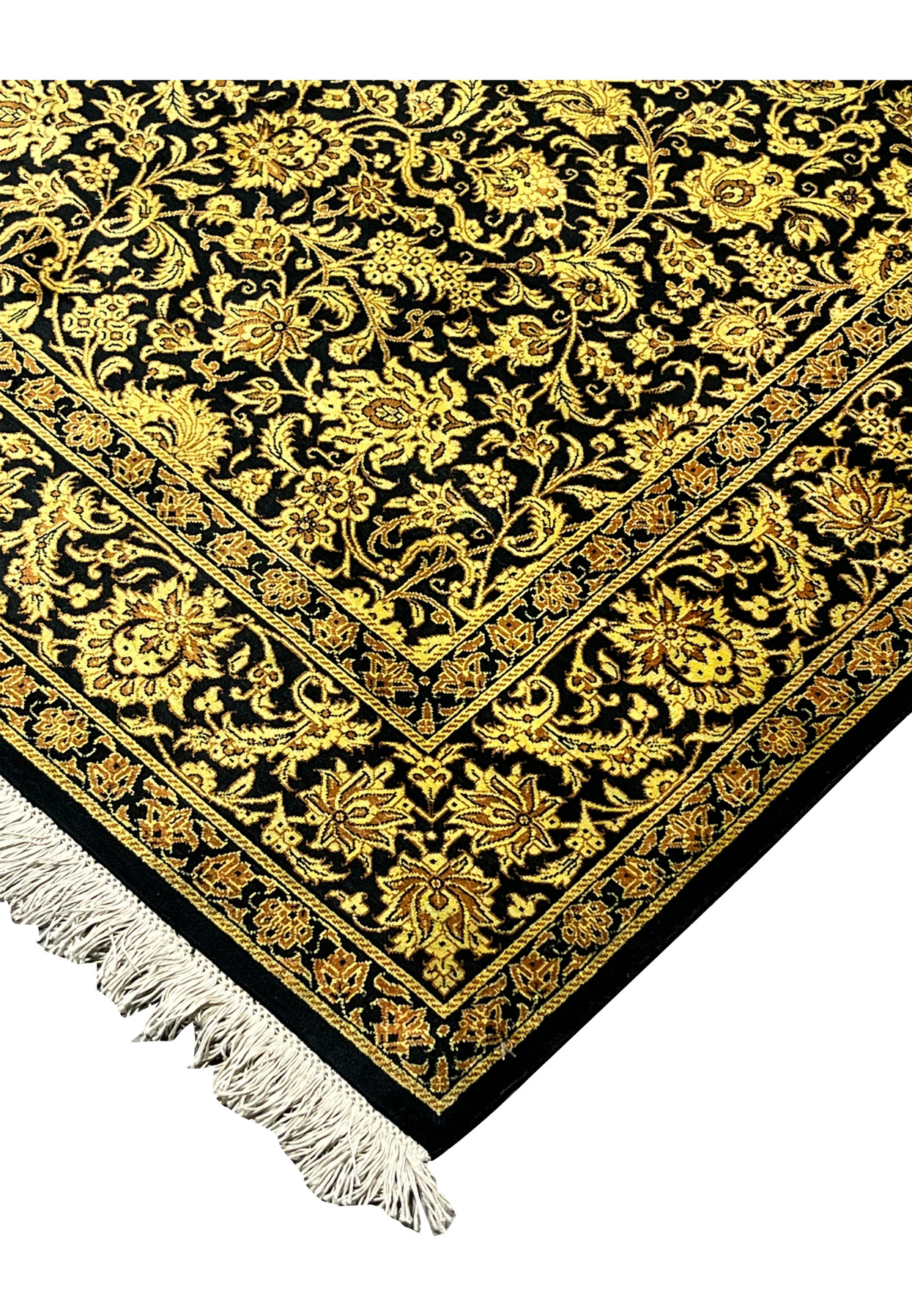 4x6 Persian Qum pure silk rug black gold Versace all-over floral arabesque laid down view