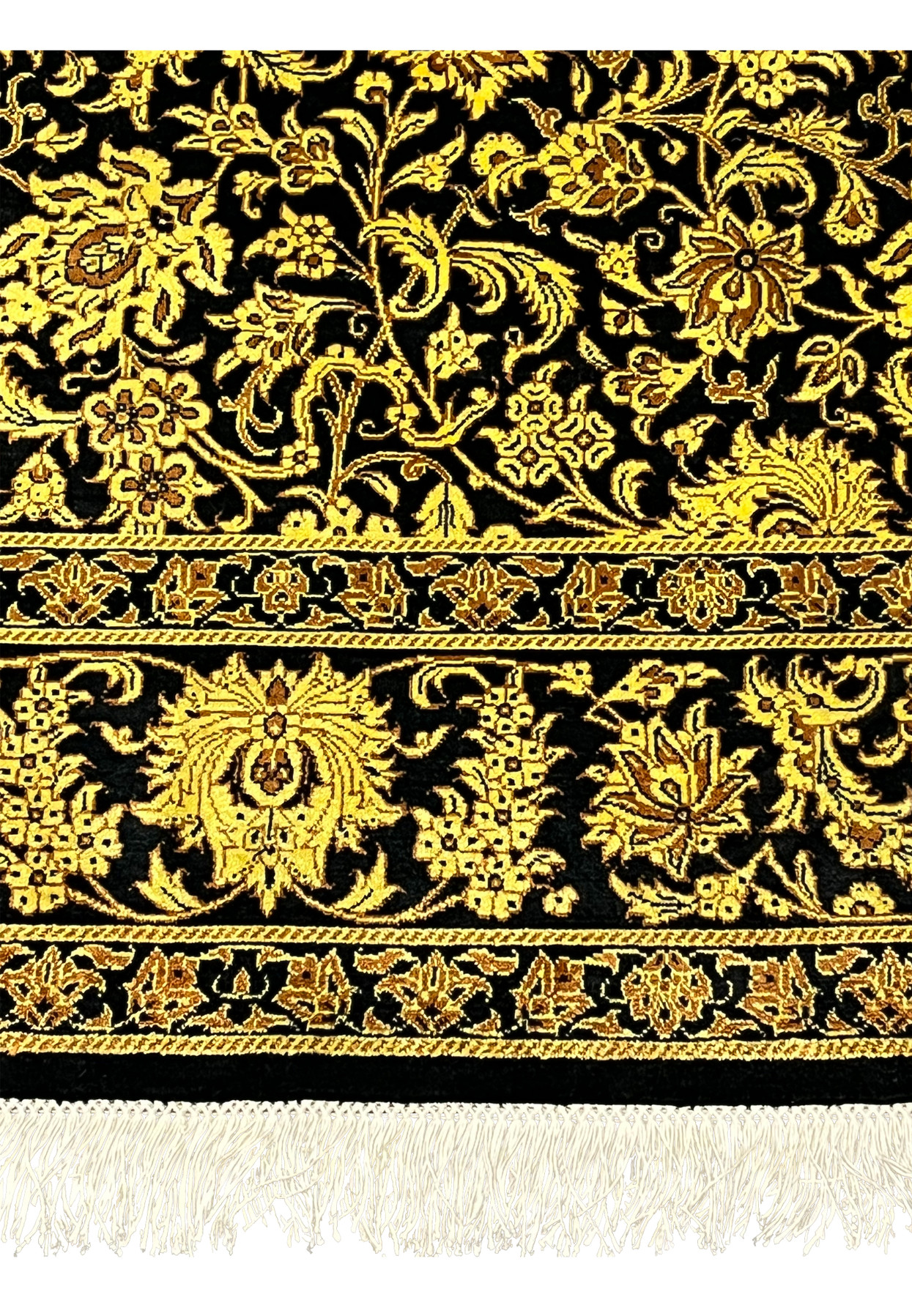 4x6 Persian Qum pure silk rug black gold Versace scrolling floral border corner detail