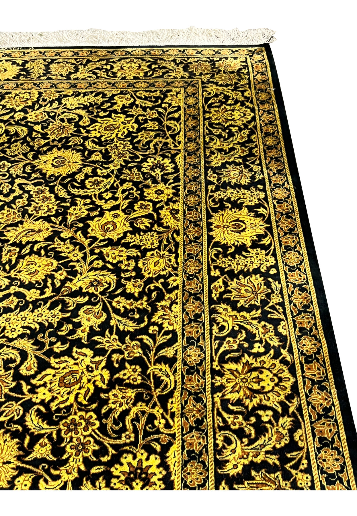 4x6 Persian Qum pure silk rug black gold woven Persian script signature fringe closeup