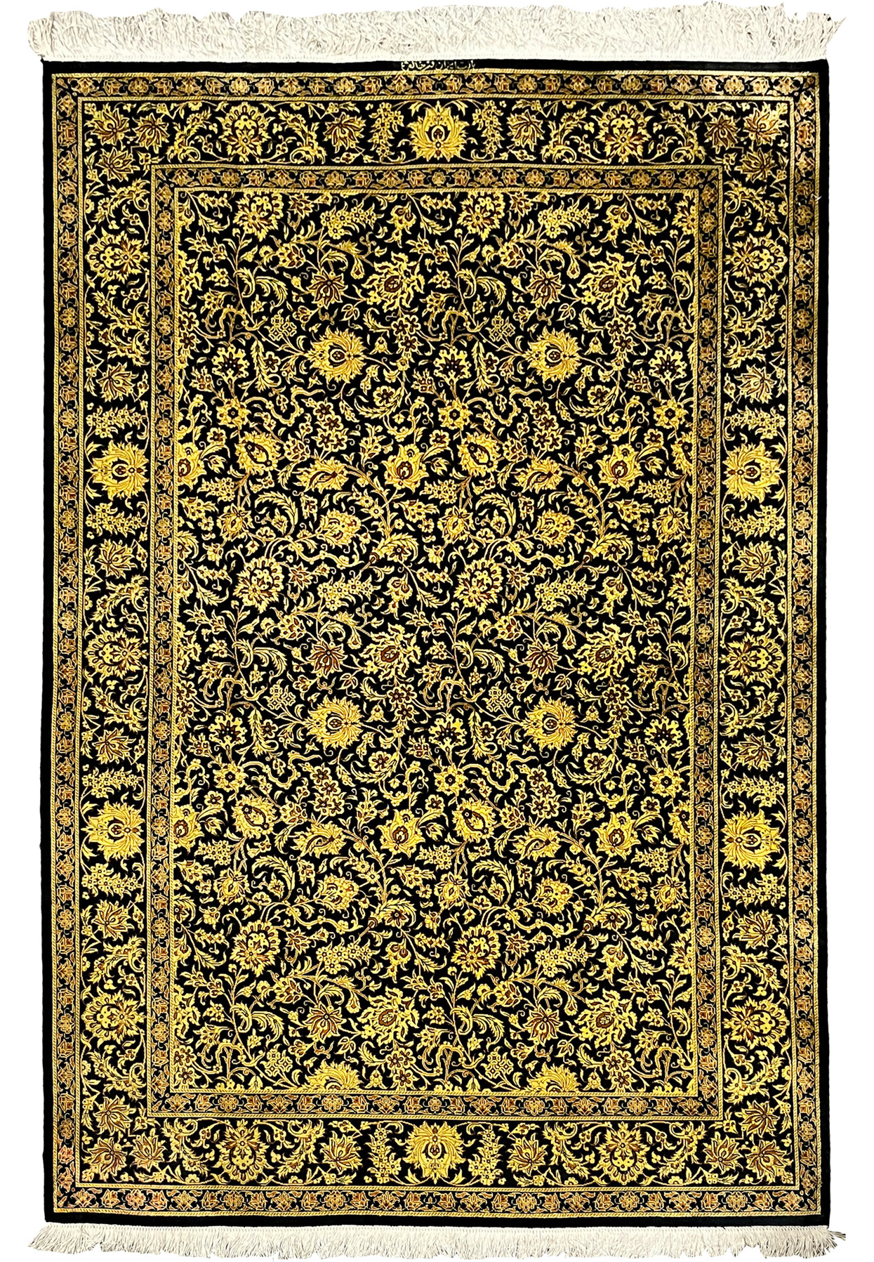 4x6 Persian Qum pure silk rug black gold Versace backside knot density closeup detail