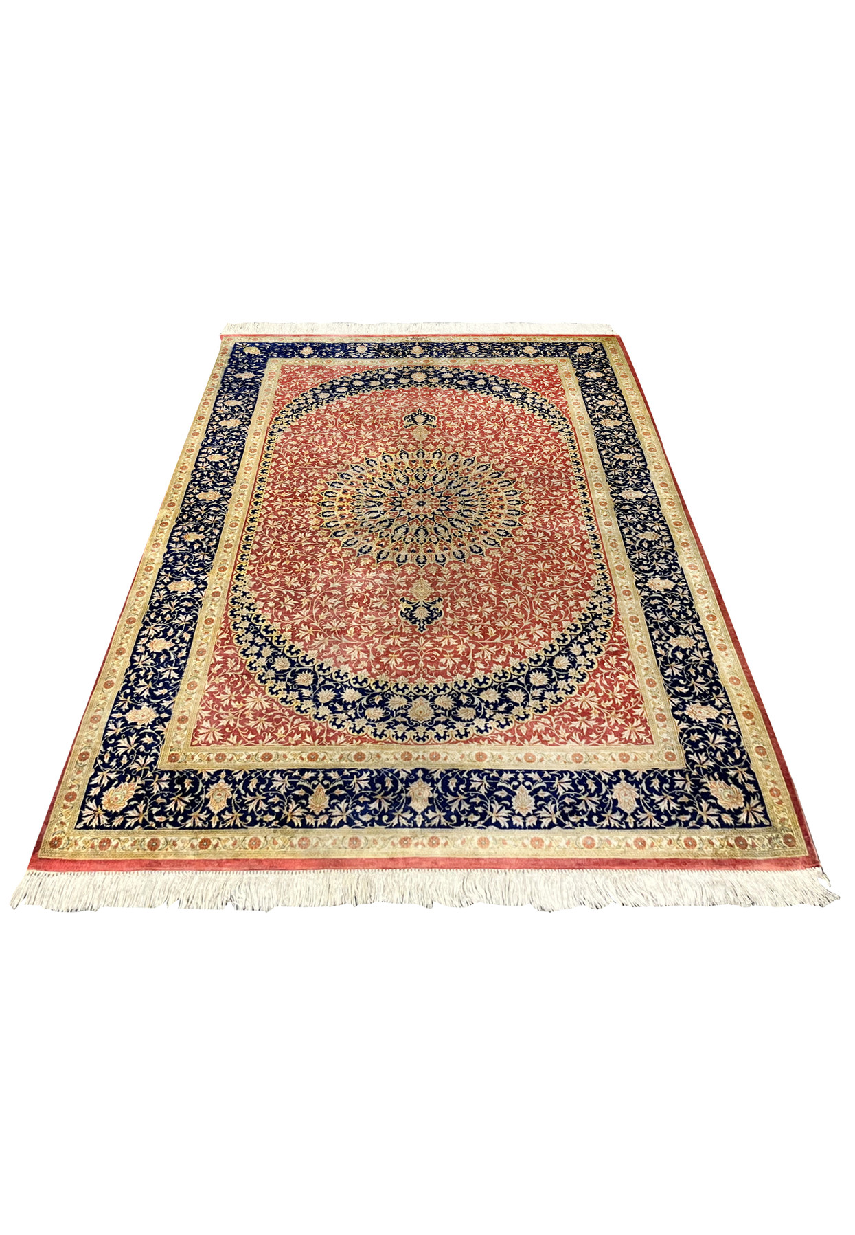 3x5 Persian Qum pure silk rug signed Amir Naghash rose navy gold medallion laid down view