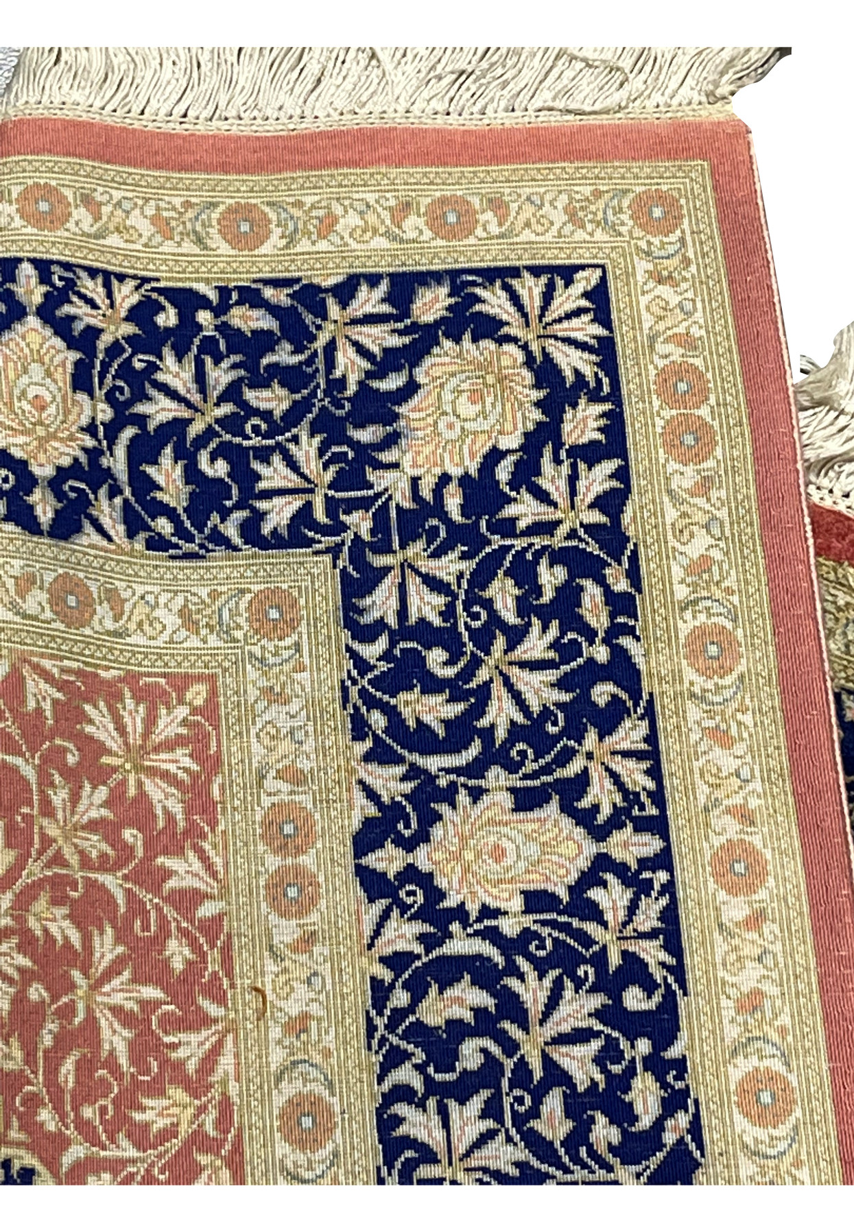 3x5 Persian Qum pure silk rug Amir Naghash navy rose gold silk pile folded edge detail