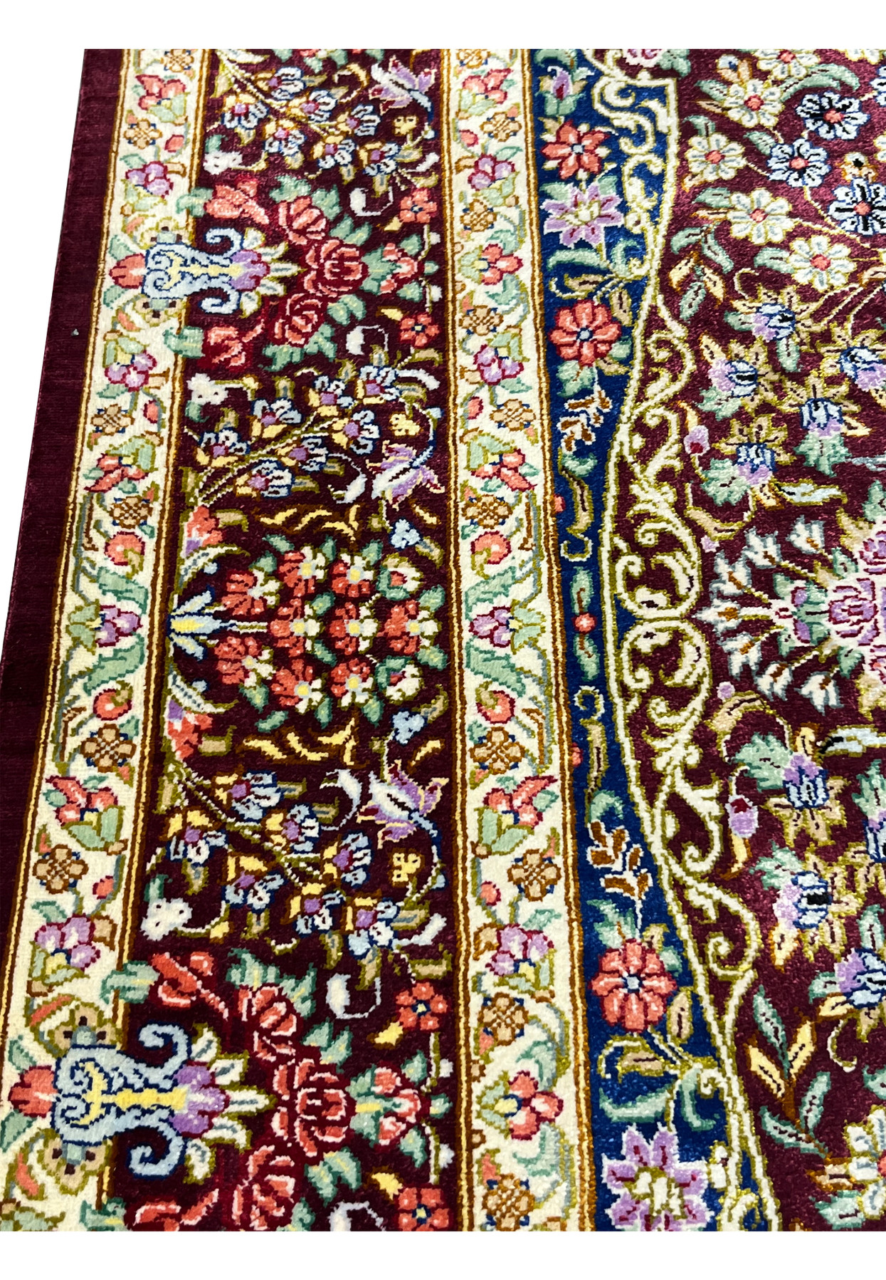 3x5 Persian Qum pure silk rug signed Varmaluei burgundy navy multicolor medallion laid down view