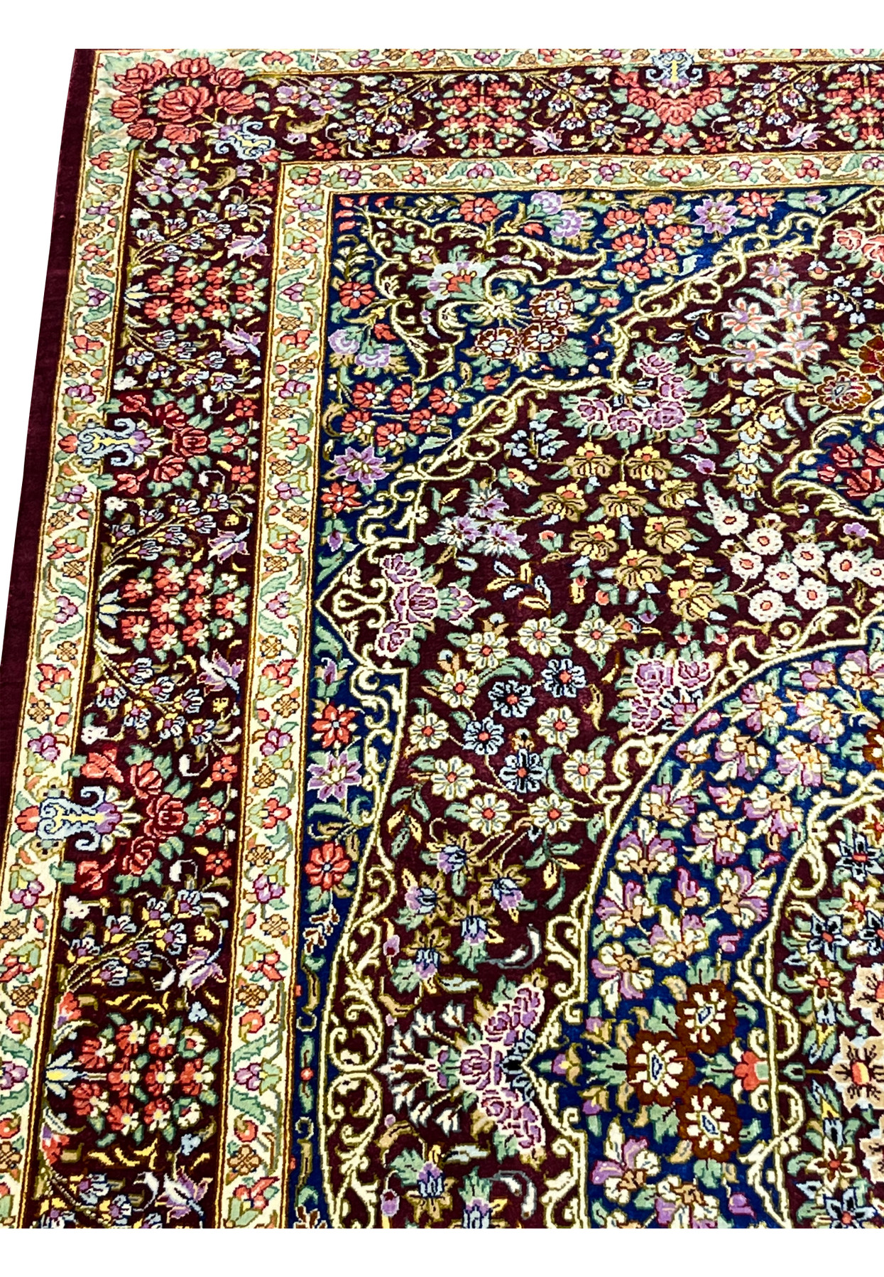 3x5 Persian Qum pure silk rug Varmaluei silk foundation full backside view
