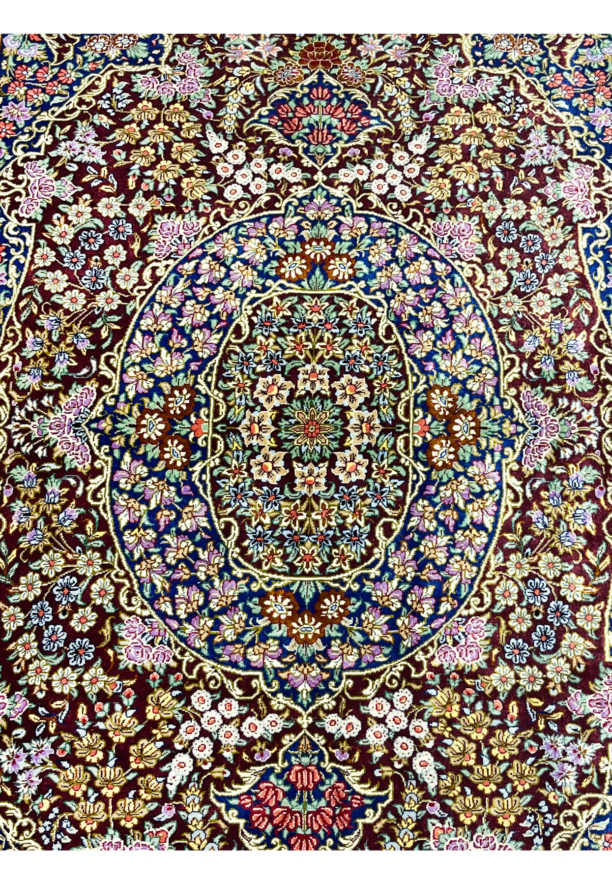 3x5 Persian Qum pure silk rug Varmaluei burgundy navy ivory gold silk pile folded edge detail
