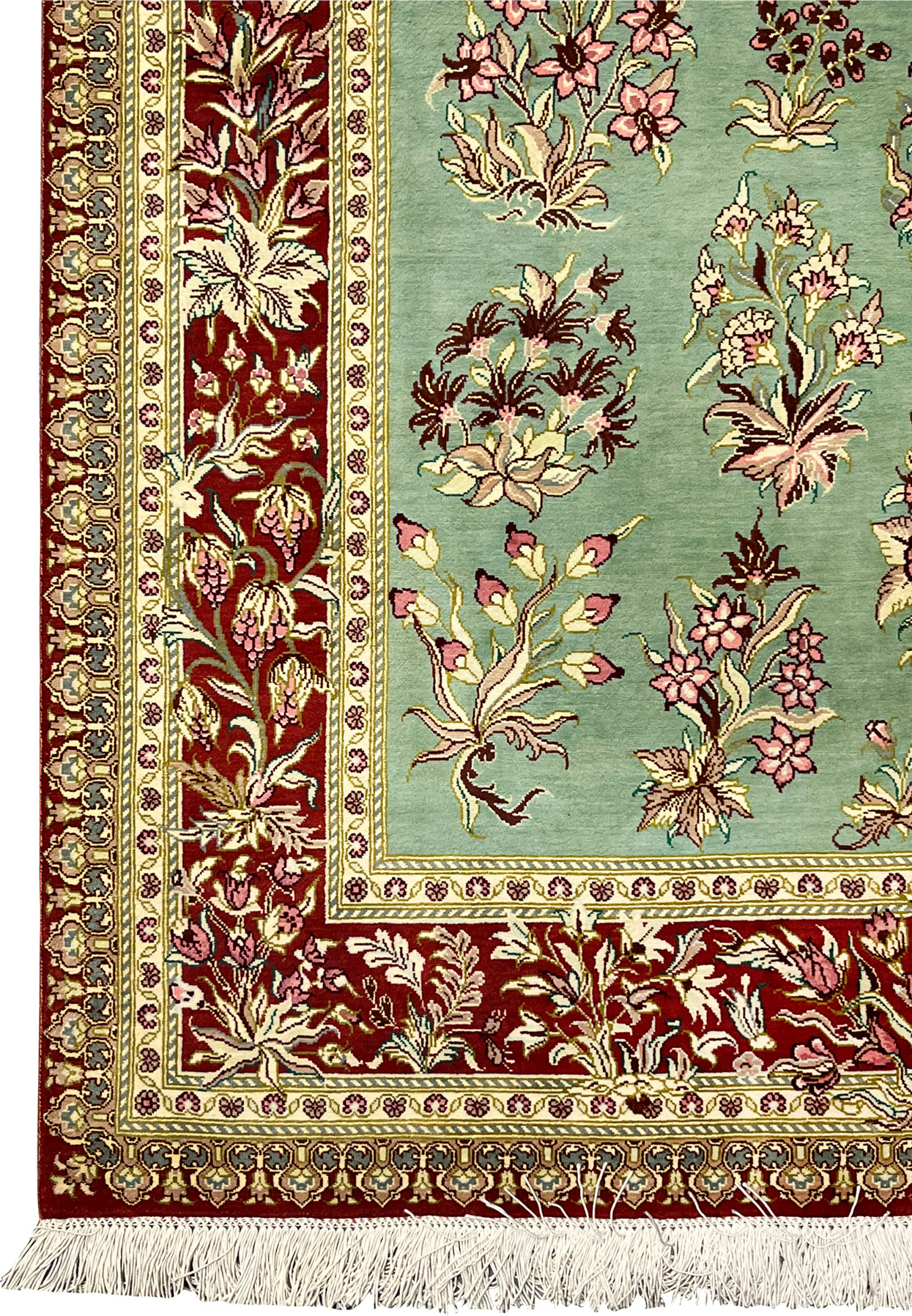 3x5 Persian Qum pure silk rug signed Motevasel side border crimson floral vine celadon field detail