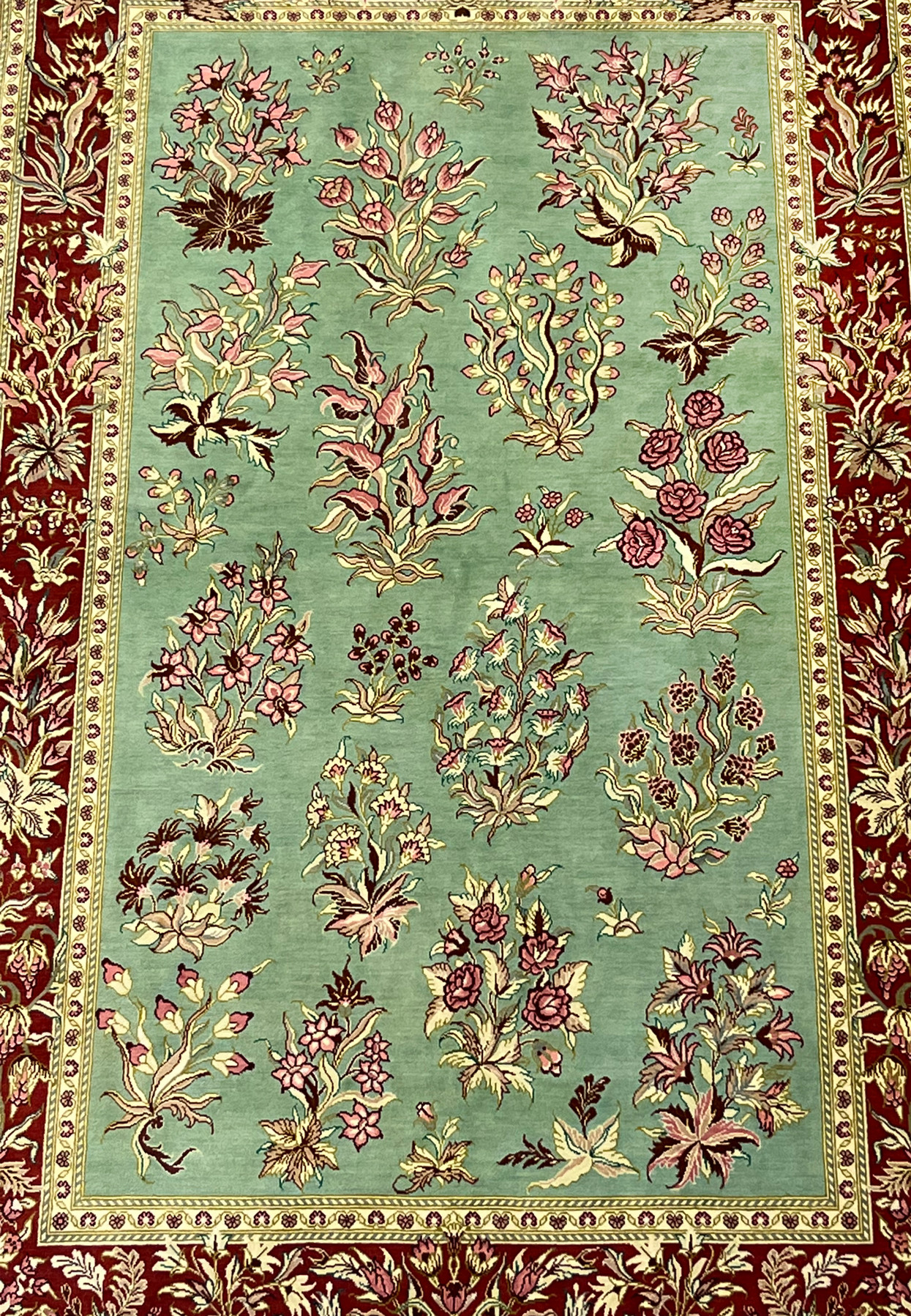 3x5 Persian Qum pure silk rug signed Motevasel garden bouquet floral field celadon green field view