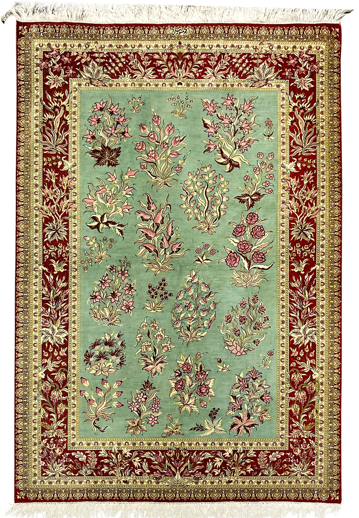 3x5 Persian Qum pure silk rug signed Motevasel allover floral celadon green crimson border full view