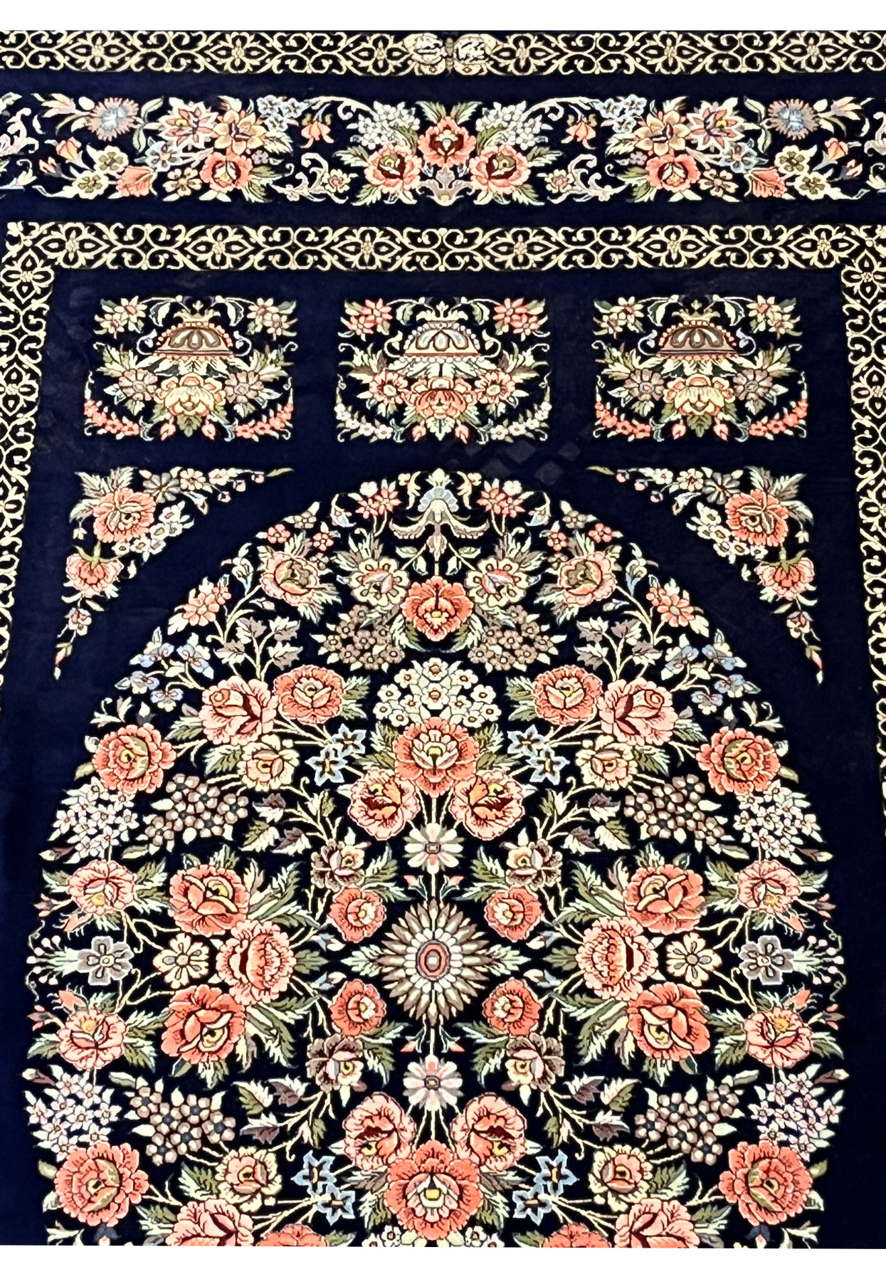 3x5 Persian Qum pure silk rug signed upper vase cartouche panels navy floral border detail