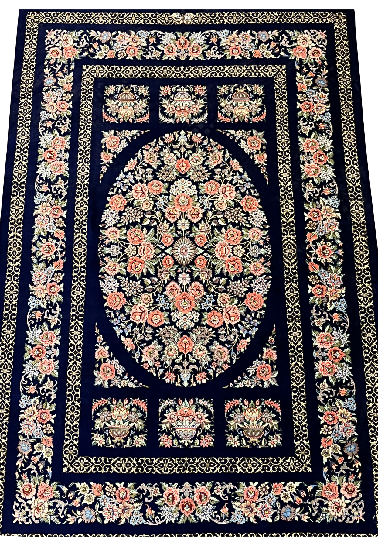 3x5 Persian Qum pure silk rug signed oval medallion navy blue coral rose floral midfield