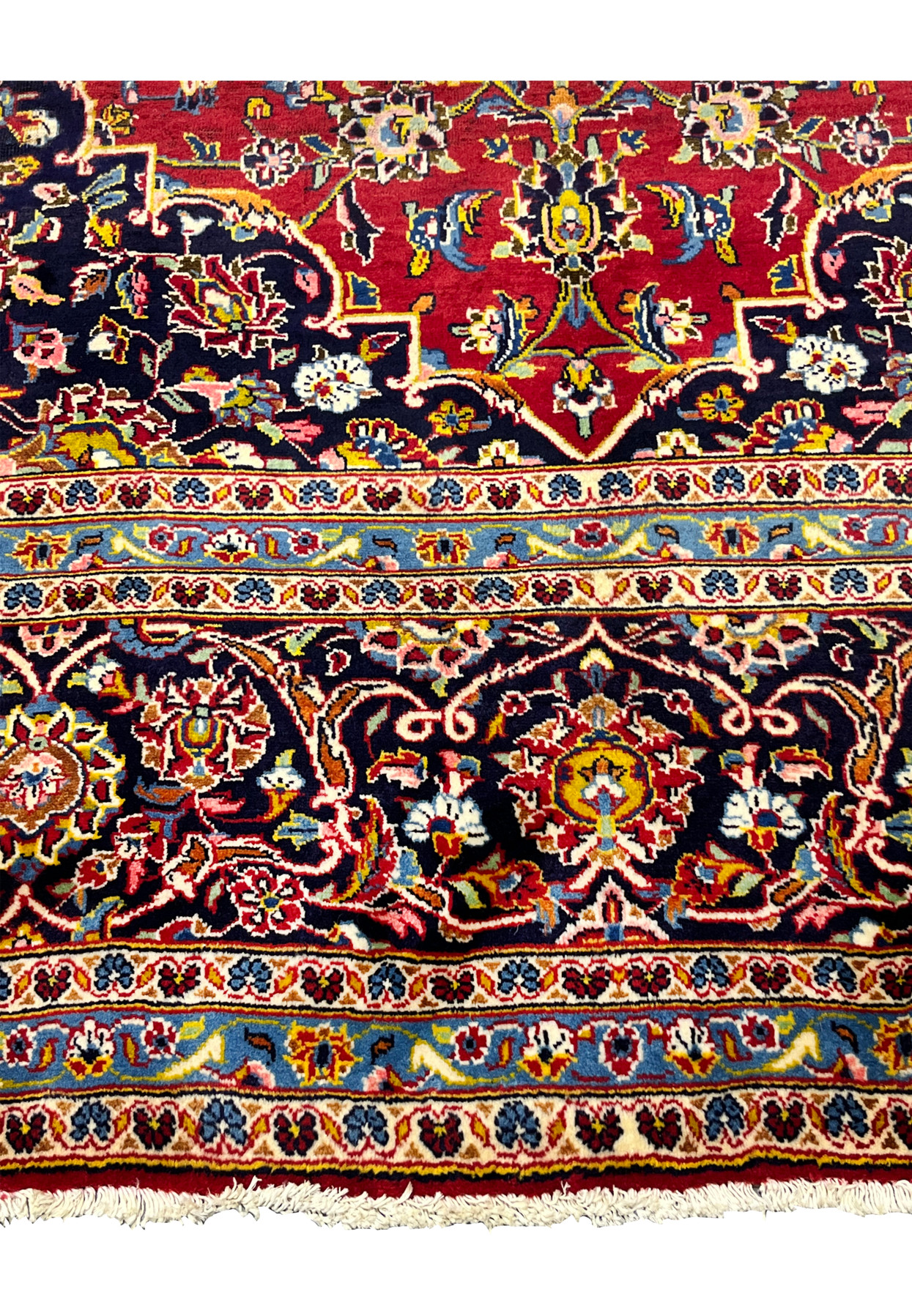 10x14'7 Persian Kashan rug featured on Shark Tank lower border navy floral vine ivory fringe detail