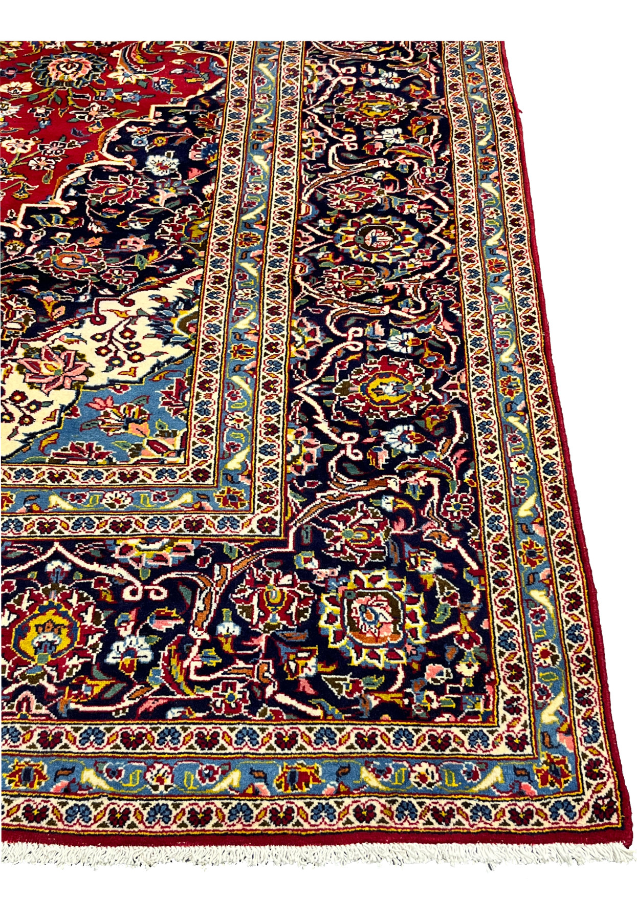 10x14'7 Persian Kashan rug featured on Shark Tank navy floral arabesque border powder blue guard