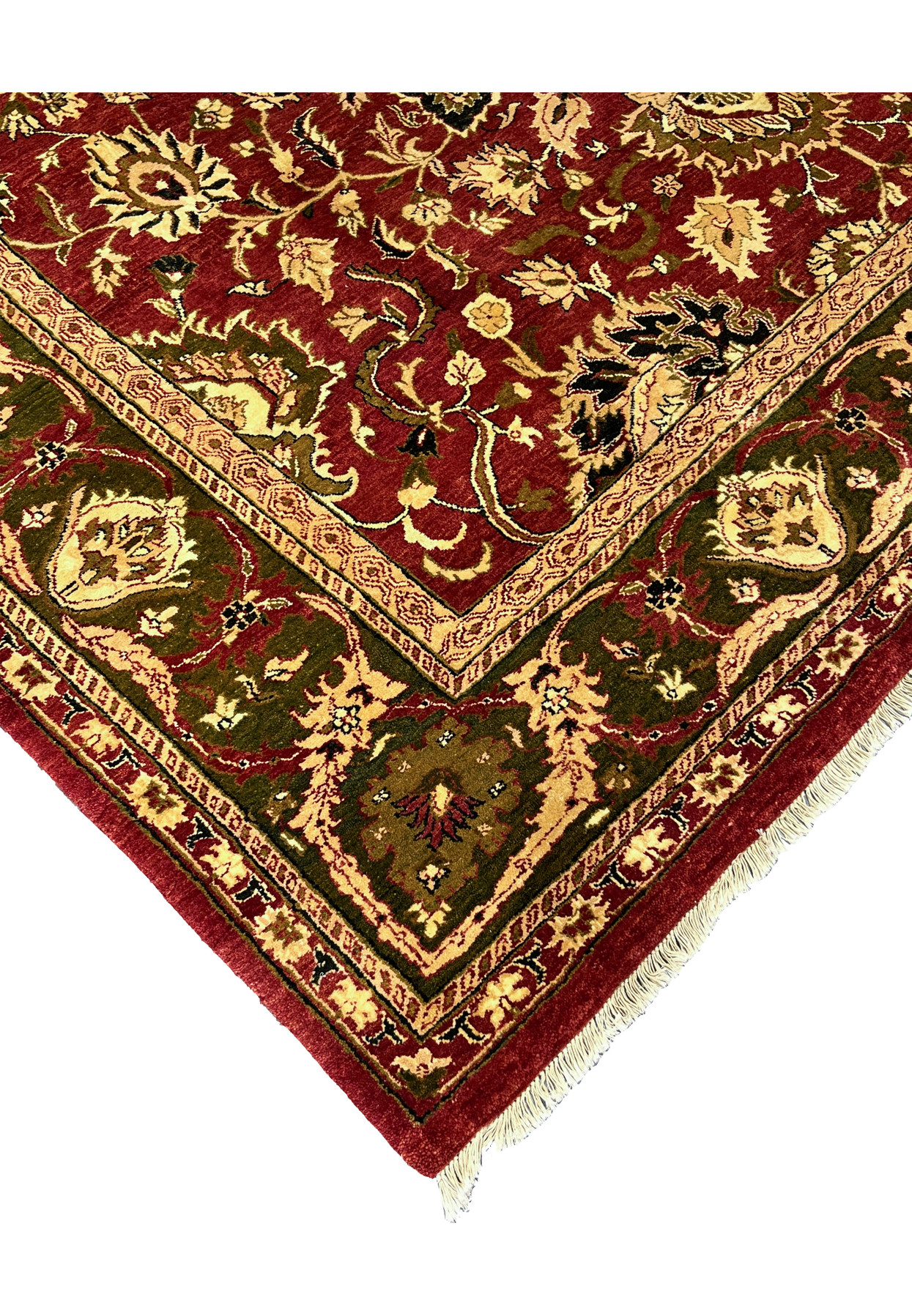 10x15 Oriental Agra rug corner edge crimson red olive green ivory fringe border detail