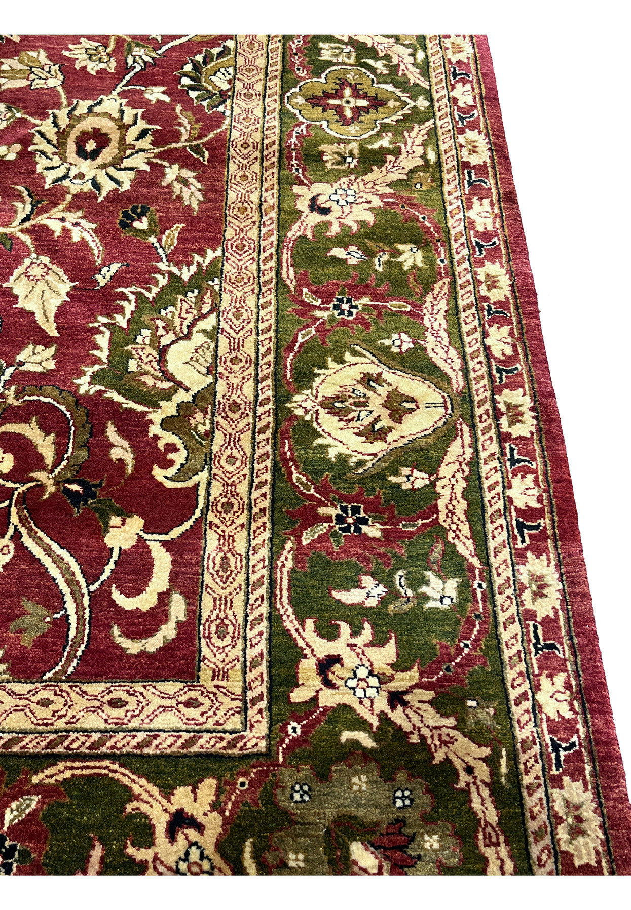 10x15 Oriental Agra rug olive green main border ivory scrolling vine detail
